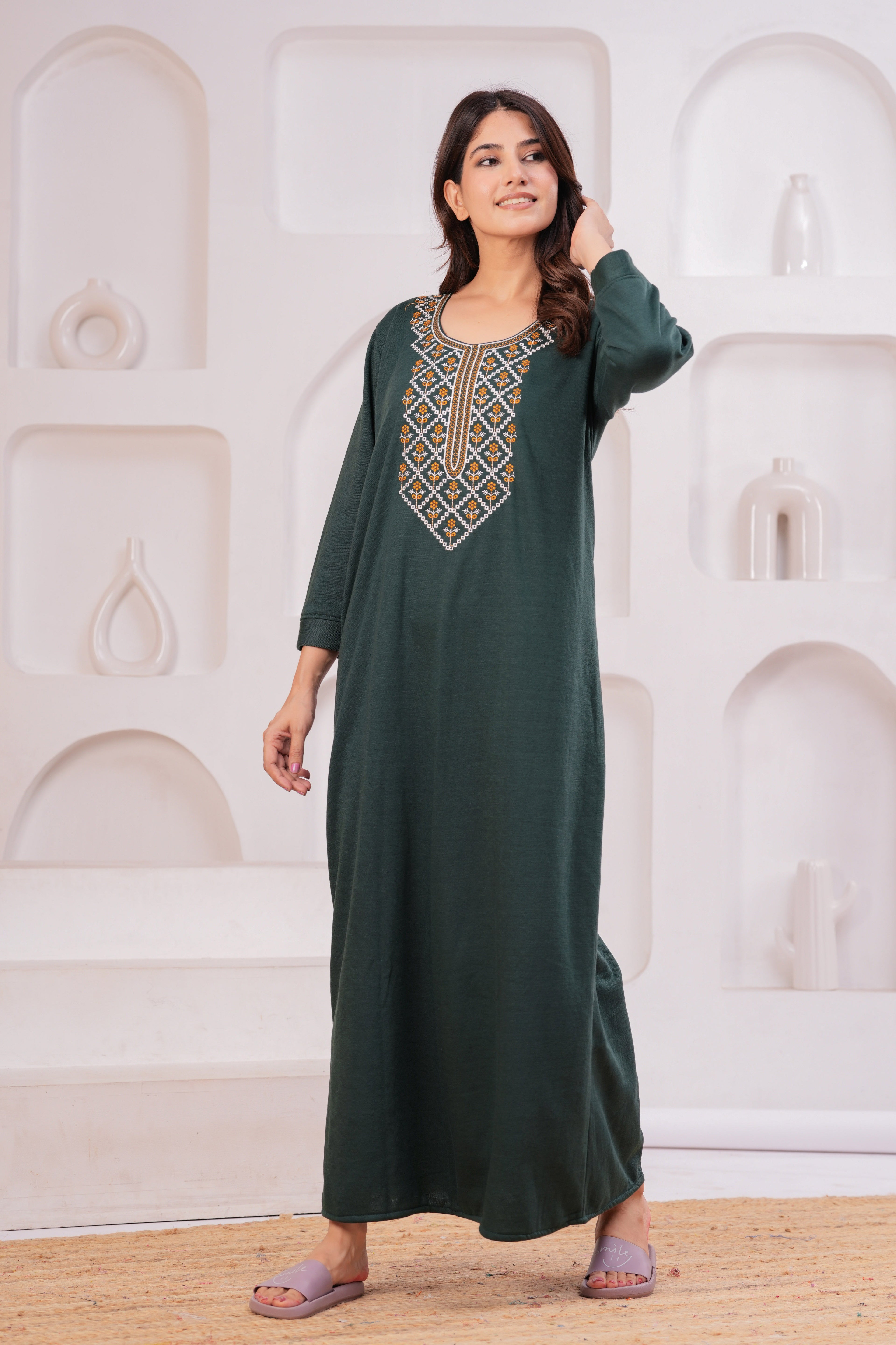 Women’s Winter Fleece Nightgown – Warm & Comfortable Long Nighty with Embroidered Neck | HARGUN Night Wear