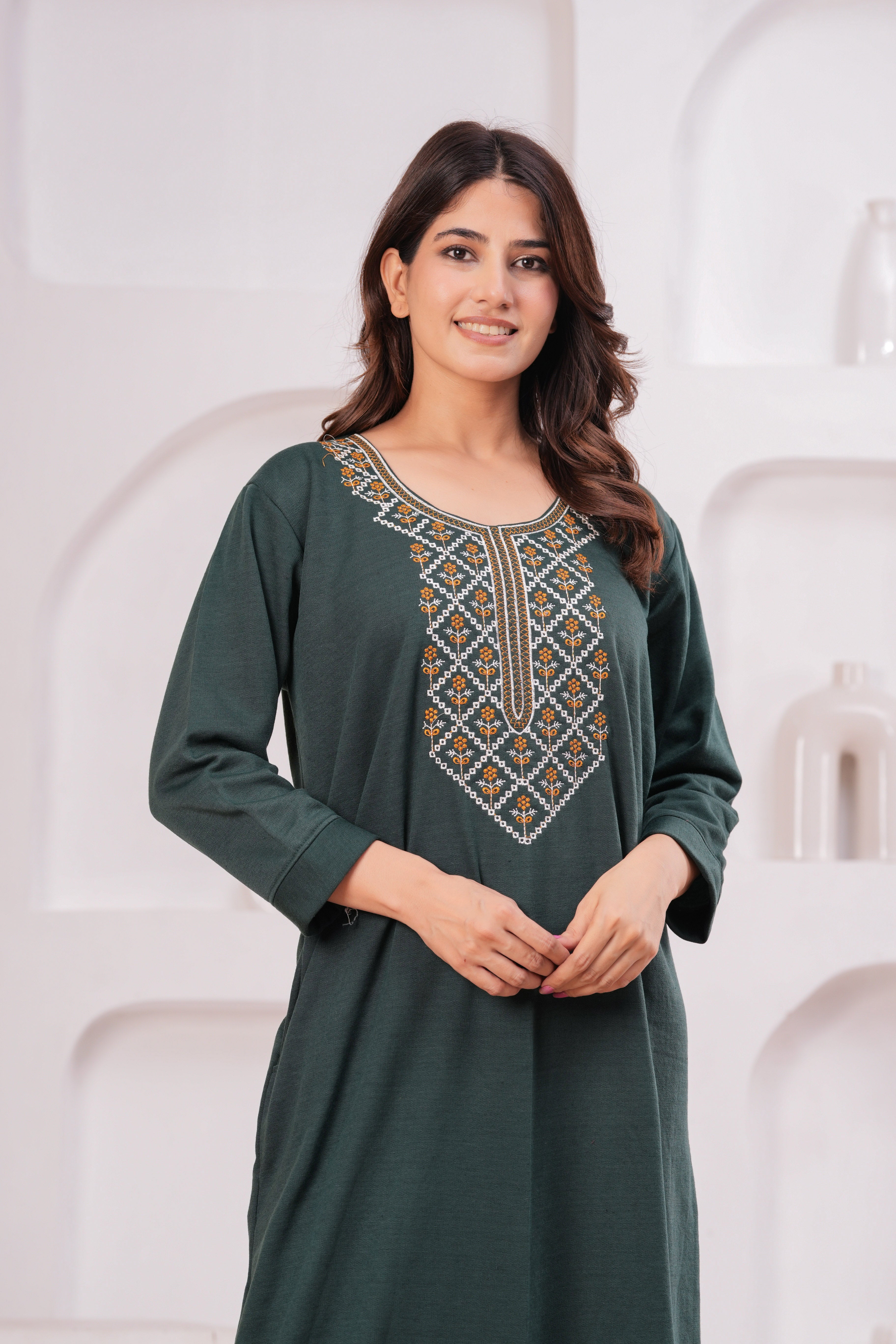 Women’s Winter Fleece Nightgown – Warm & Comfortable Long Nighty with Embroidered Neck | HARGUN Night Wear