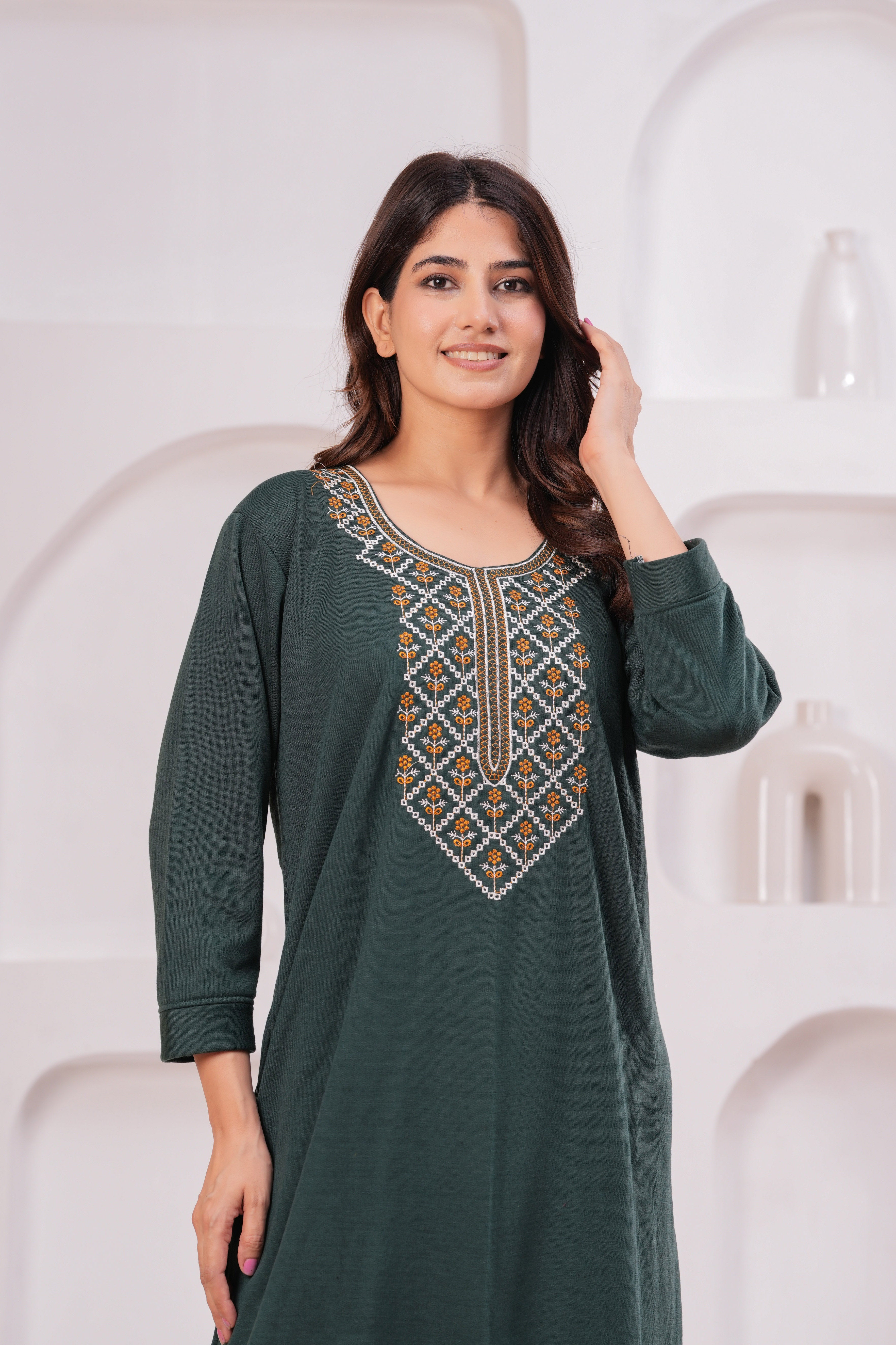 Women’s Winter Fleece Nightgown – Warm & Comfortable Long Nighty with Embroidered Neck | HARGUN Night Wear