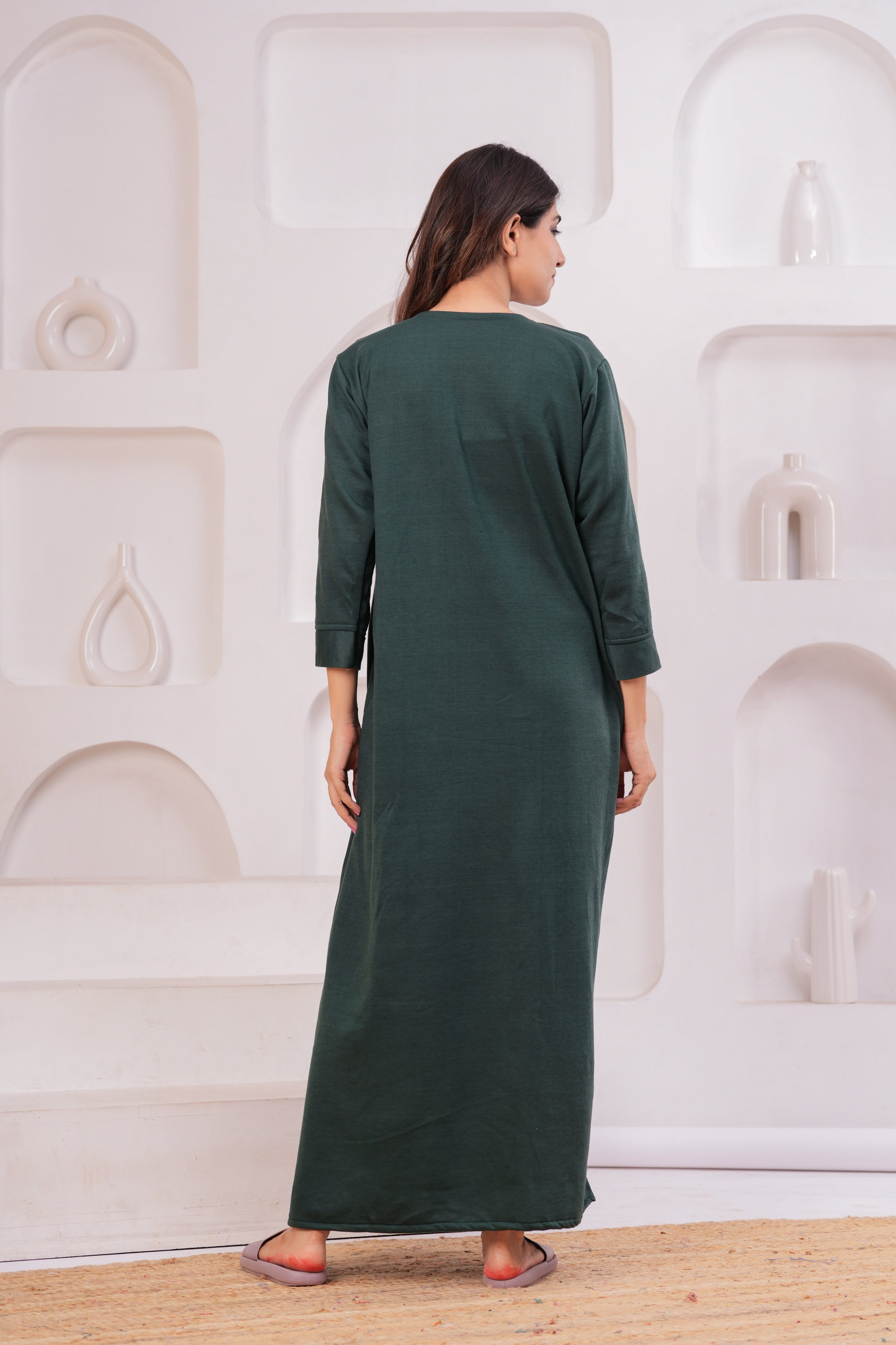 Women’s Winter Fleece Nightgown – Warm & Comfortable Long Nighty with Embroidered Neck | HARGUN Night Wear
