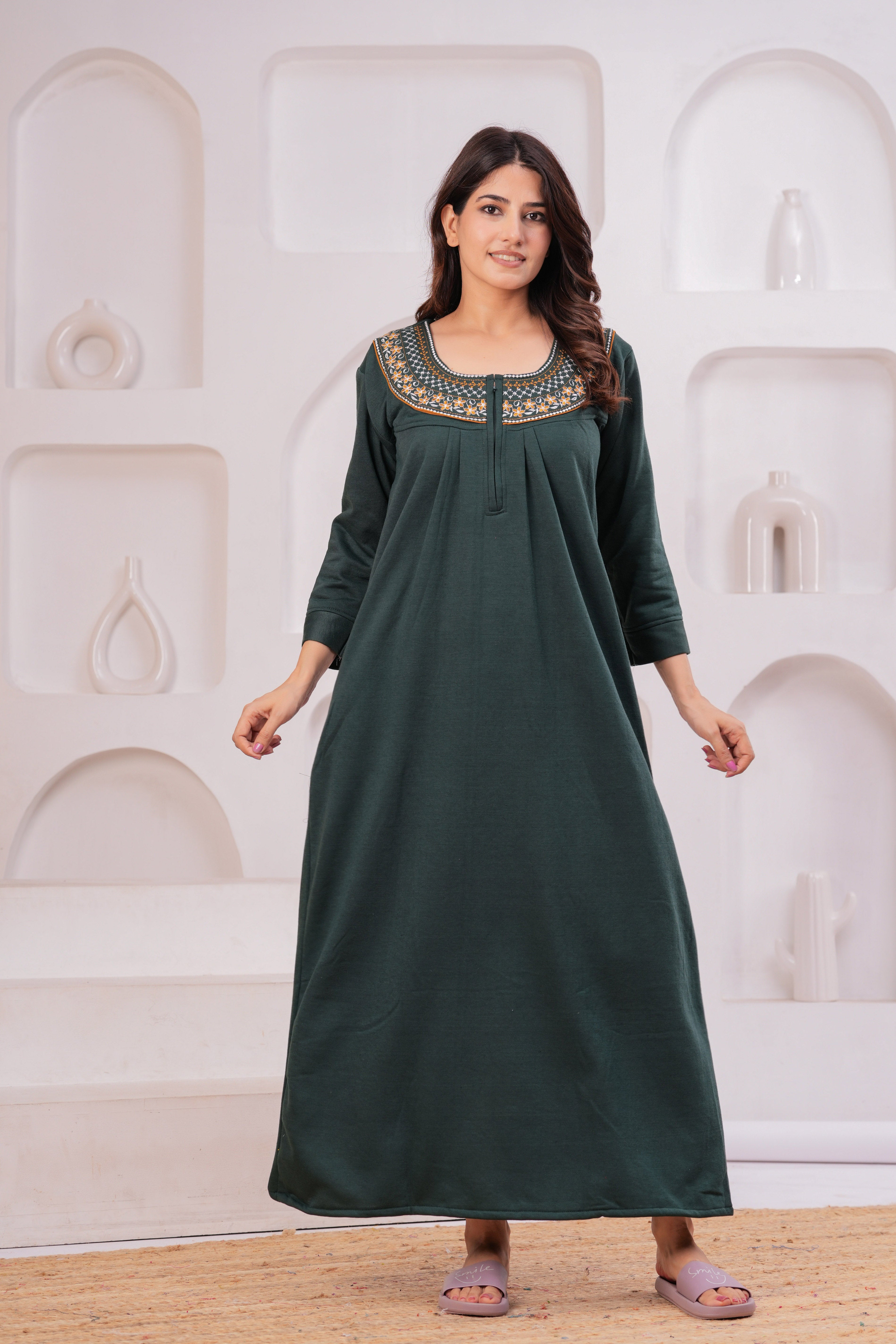 Women’s Winter Fleece Nightgown – Warm & Comfortable Long Nighty with Embroidered Neck | HARGUN Night Wear