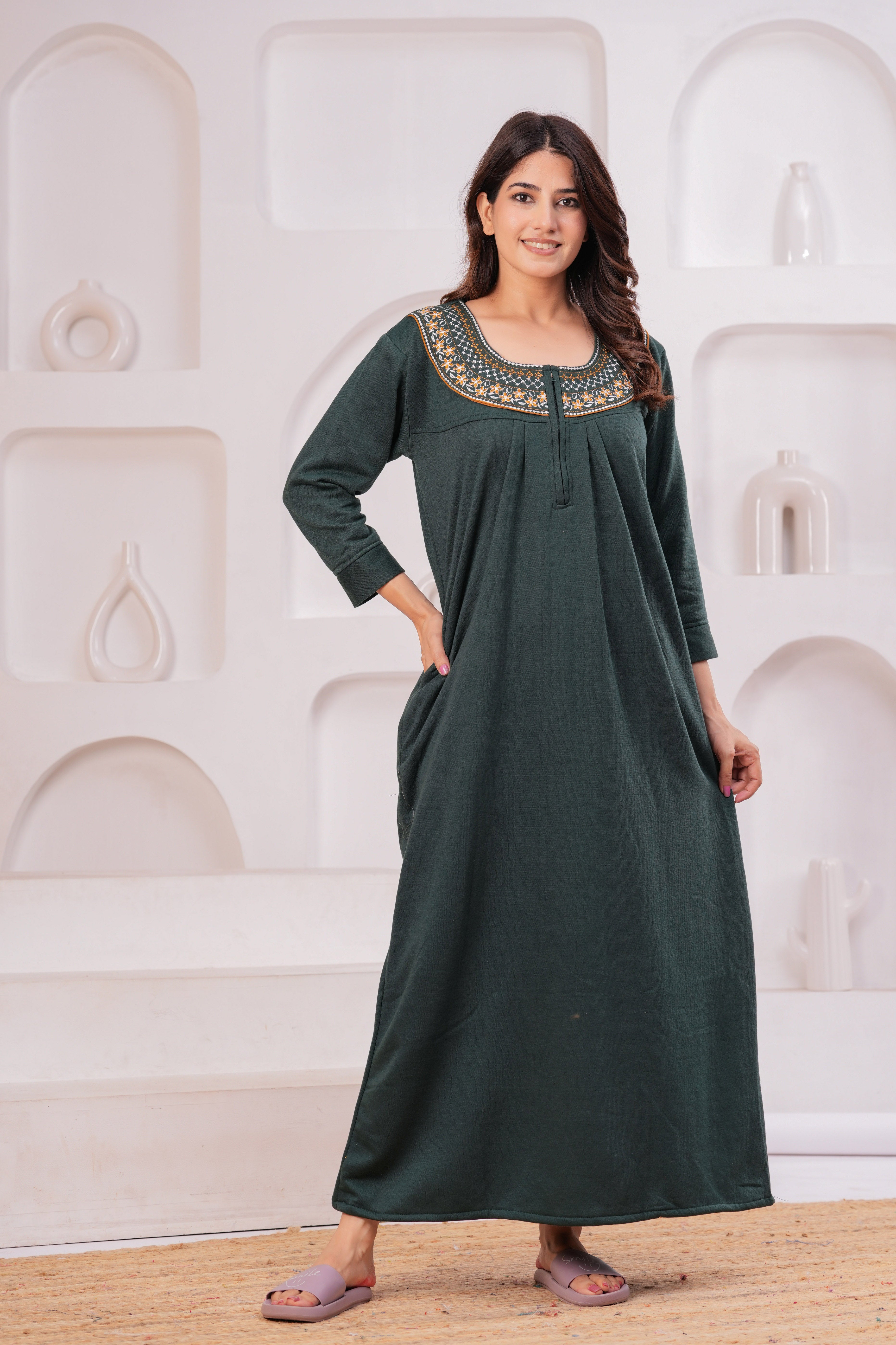 Women’s Winter Fleece Nightgown – Warm & Comfortable Long Nighty with Embroidered Neck | HARGUN Night Wear