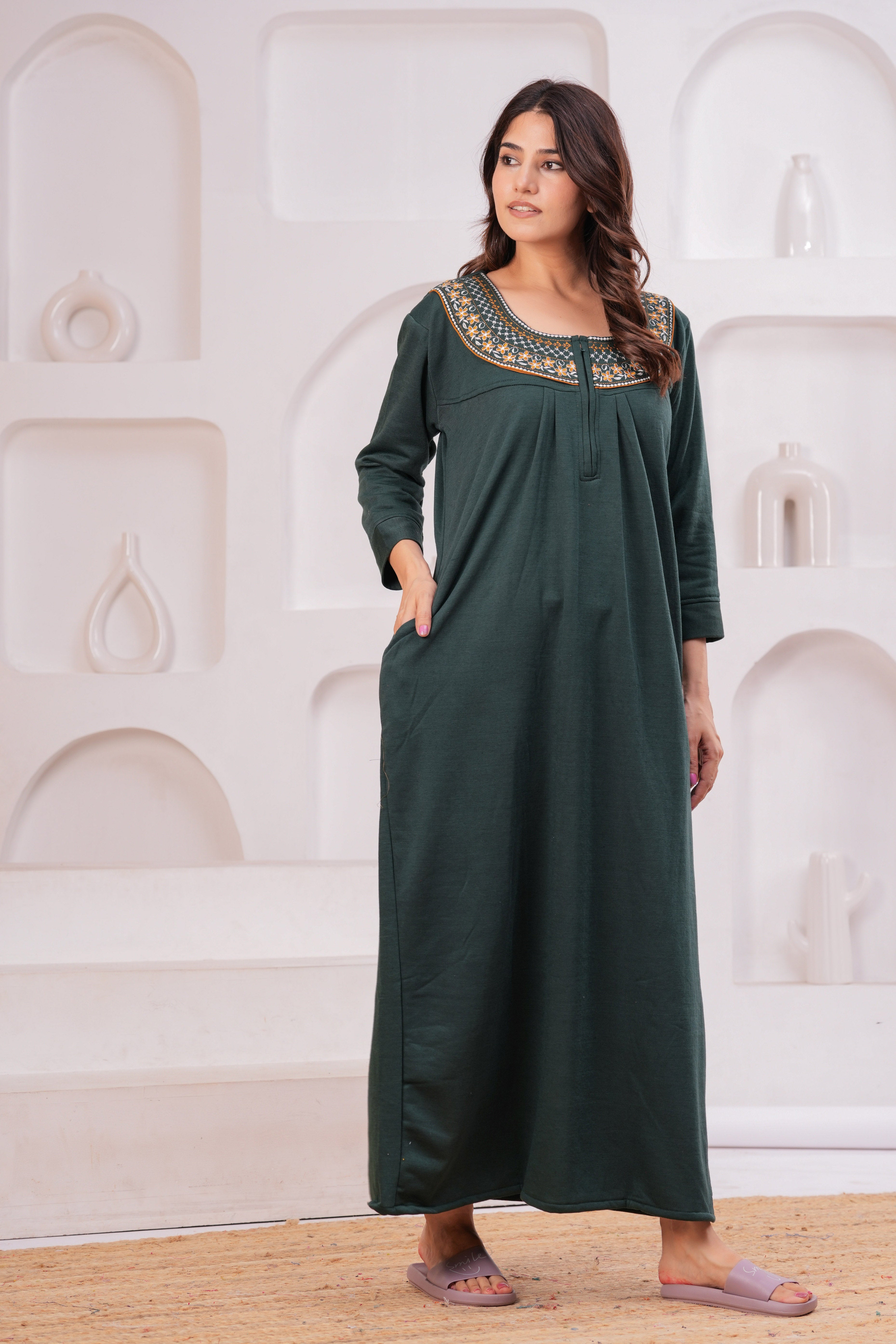 Women’s Winter Fleece Nightgown – Warm & Comfortable Long Nighty with Embroidered Neck | HARGUN Night Wear