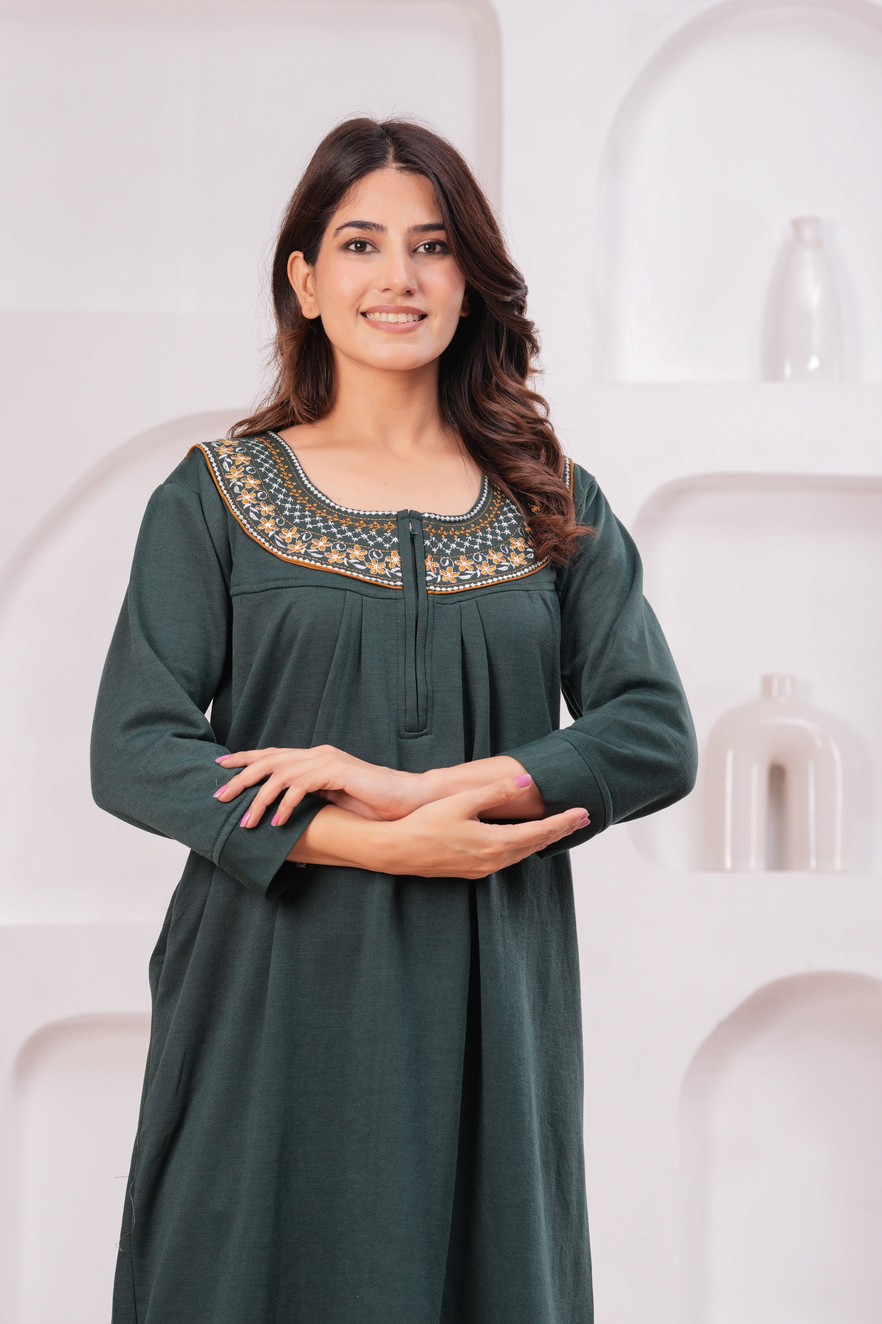 Women’s Winter Fleece Nightgown – Warm & Comfortable Long Nighty with Embroidered Neck | HARGUN Night Wear