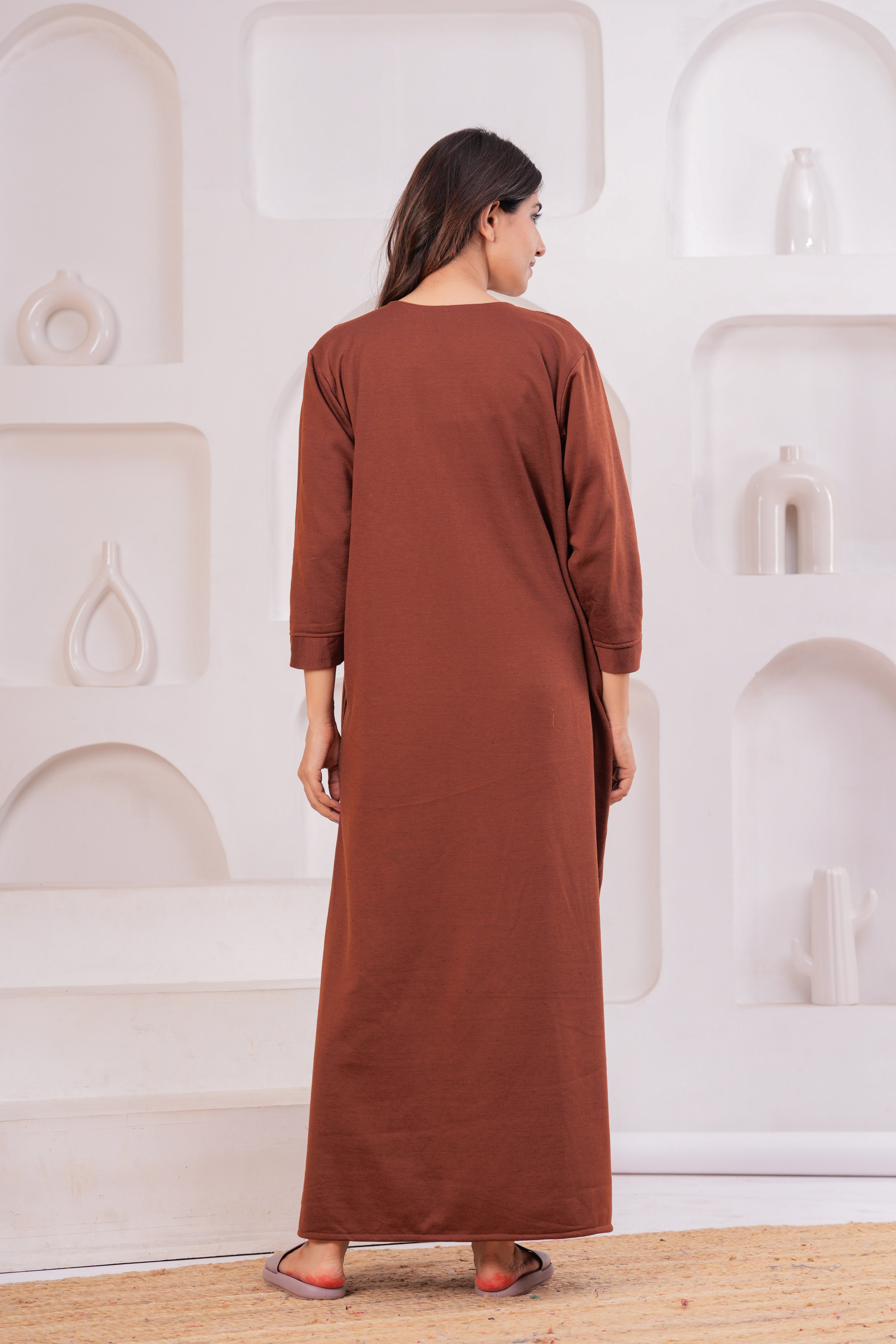 Women’s Winter Fleece Nightgown – Warm & Comfortable Long Nighty with Embroidered Neck | HARGUN Night Wear