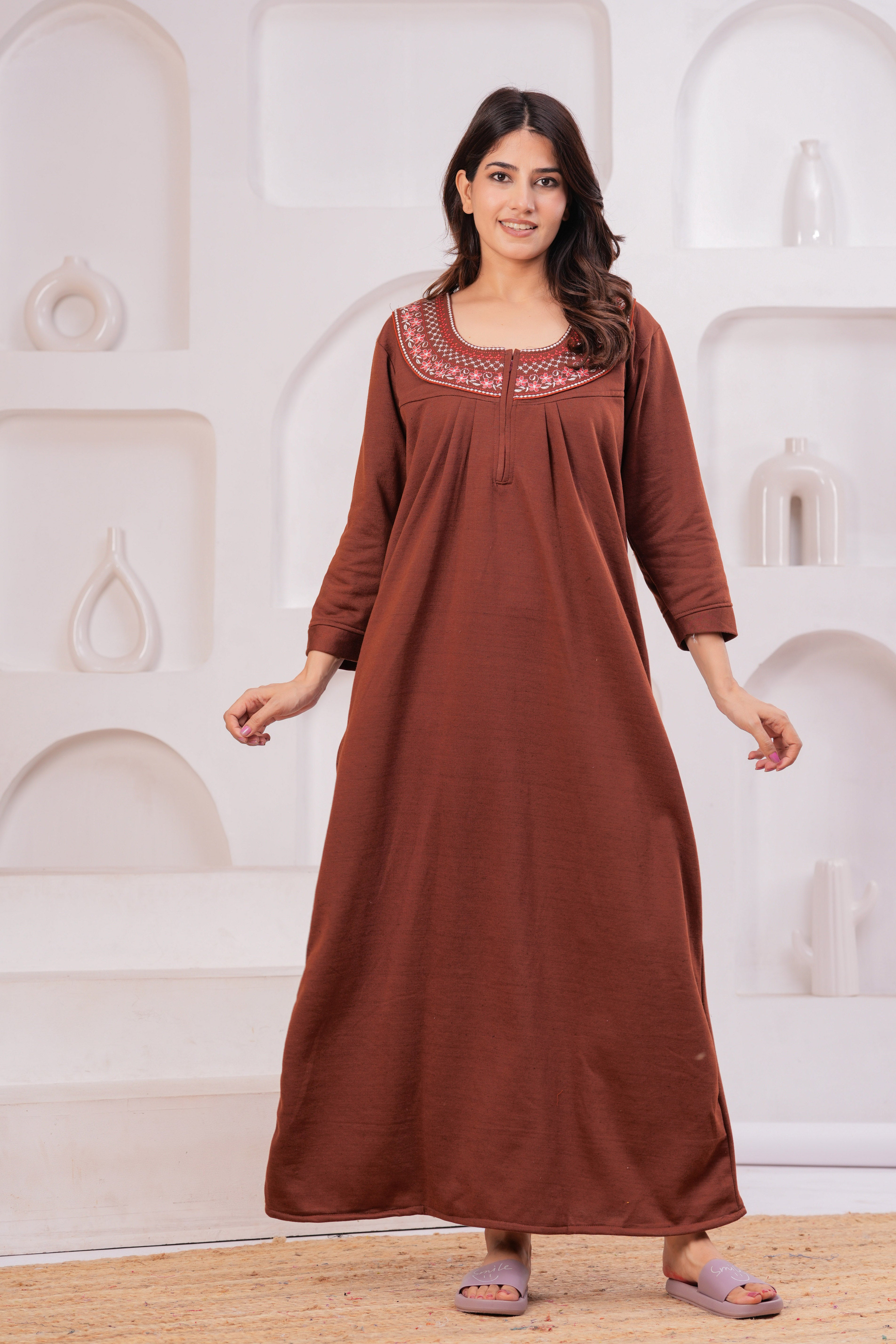Women’s Winter Fleece Nightgown – Warm & Comfortable Long Nighty with Embroidered Neck | HARGUN Night Wear
