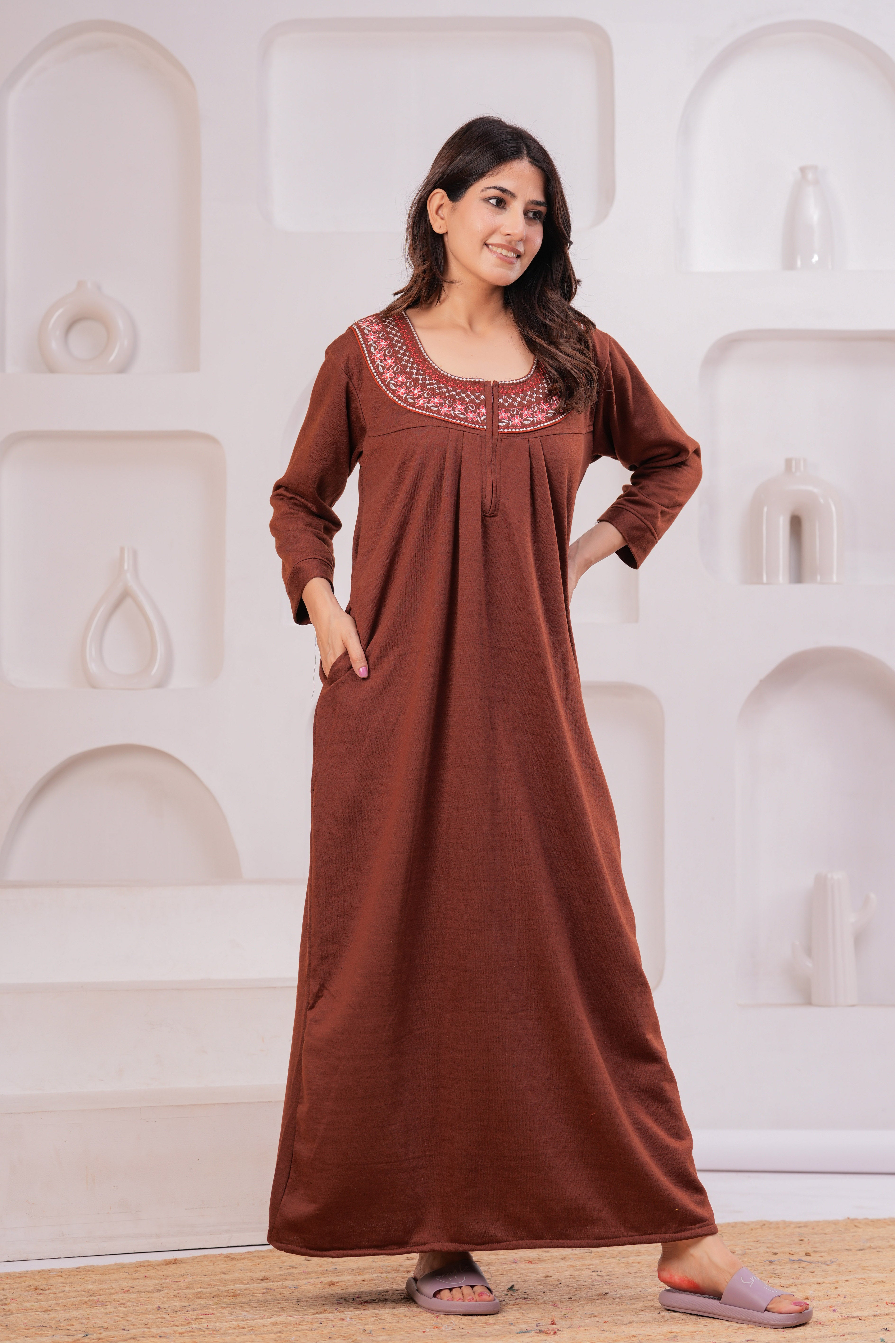 Women’s Winter Fleece Nightgown – Warm & Comfortable Long Nighty with Embroidered Neck | HARGUN Night Wear