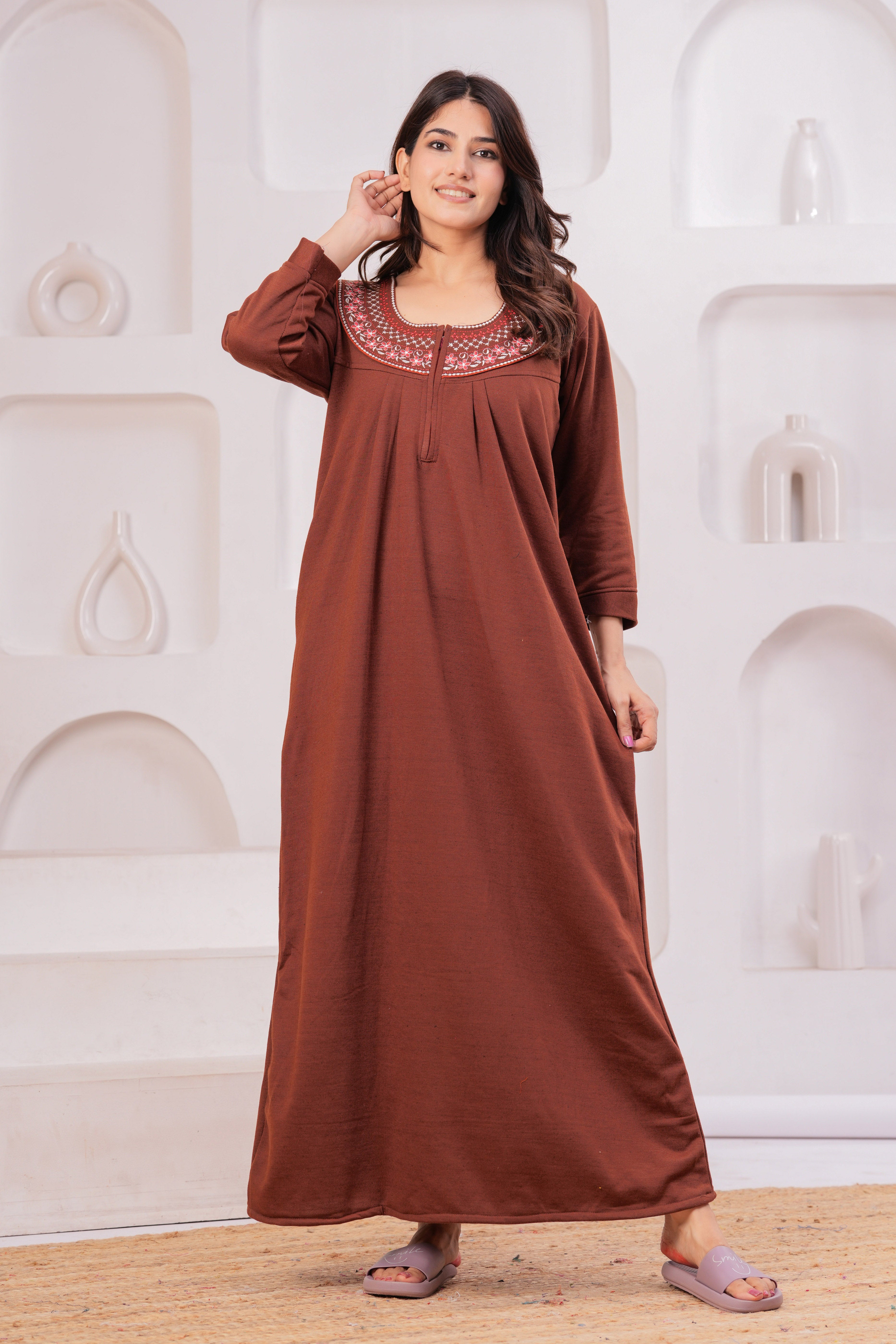 Women’s Winter Fleece Nightgown – Warm & Comfortable Long Nighty with Embroidered Neck | HARGUN Night Wear