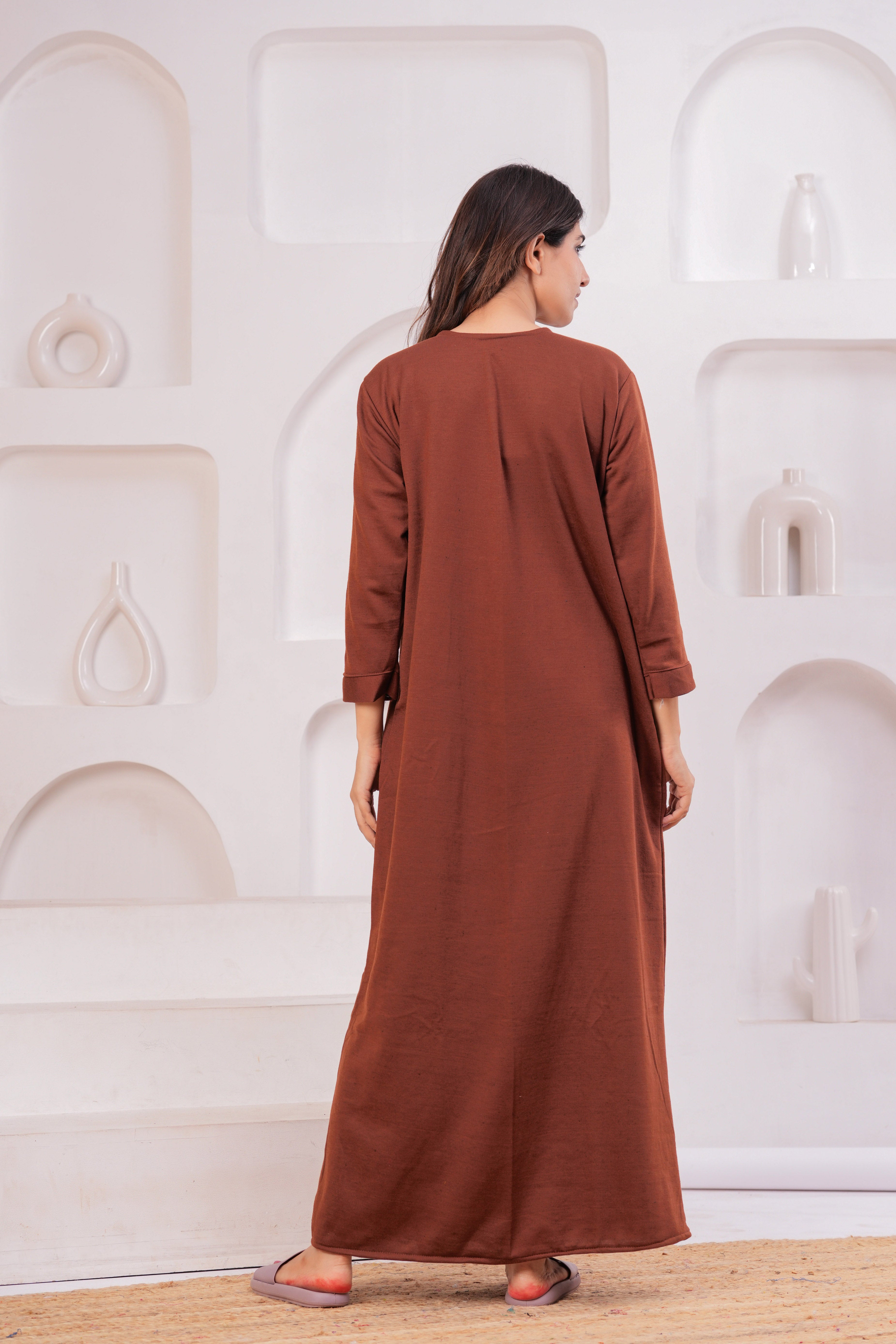 Women’s Winter Fleece Nightgown – Warm & Comfortable Long Nighty with Embroidered Neck | HARGUN Night Wear