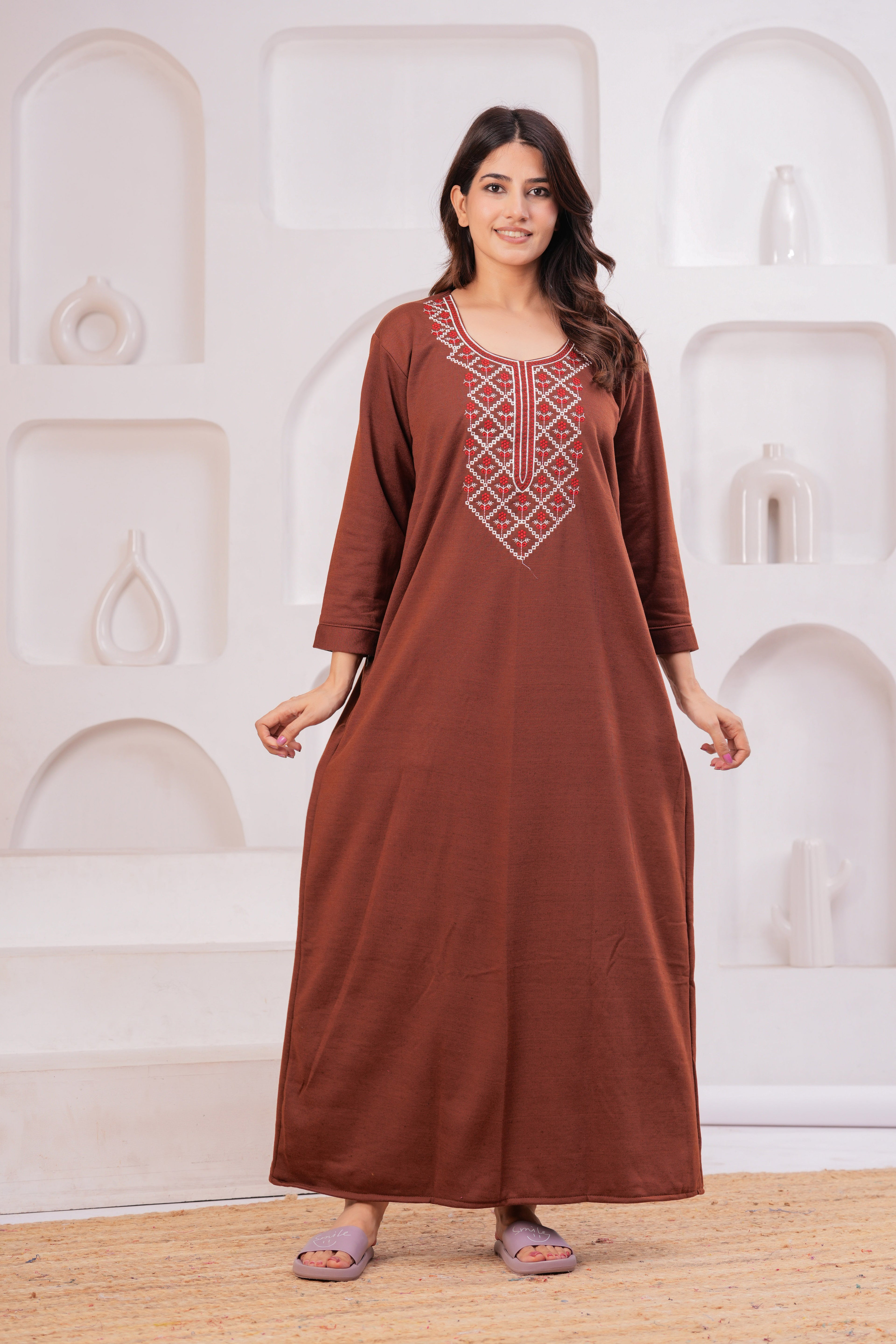 Women’s Winter Fleece Nightgown – Warm & Comfortable Long Nighty with Embroidered Neck | HARGUN Night Wear