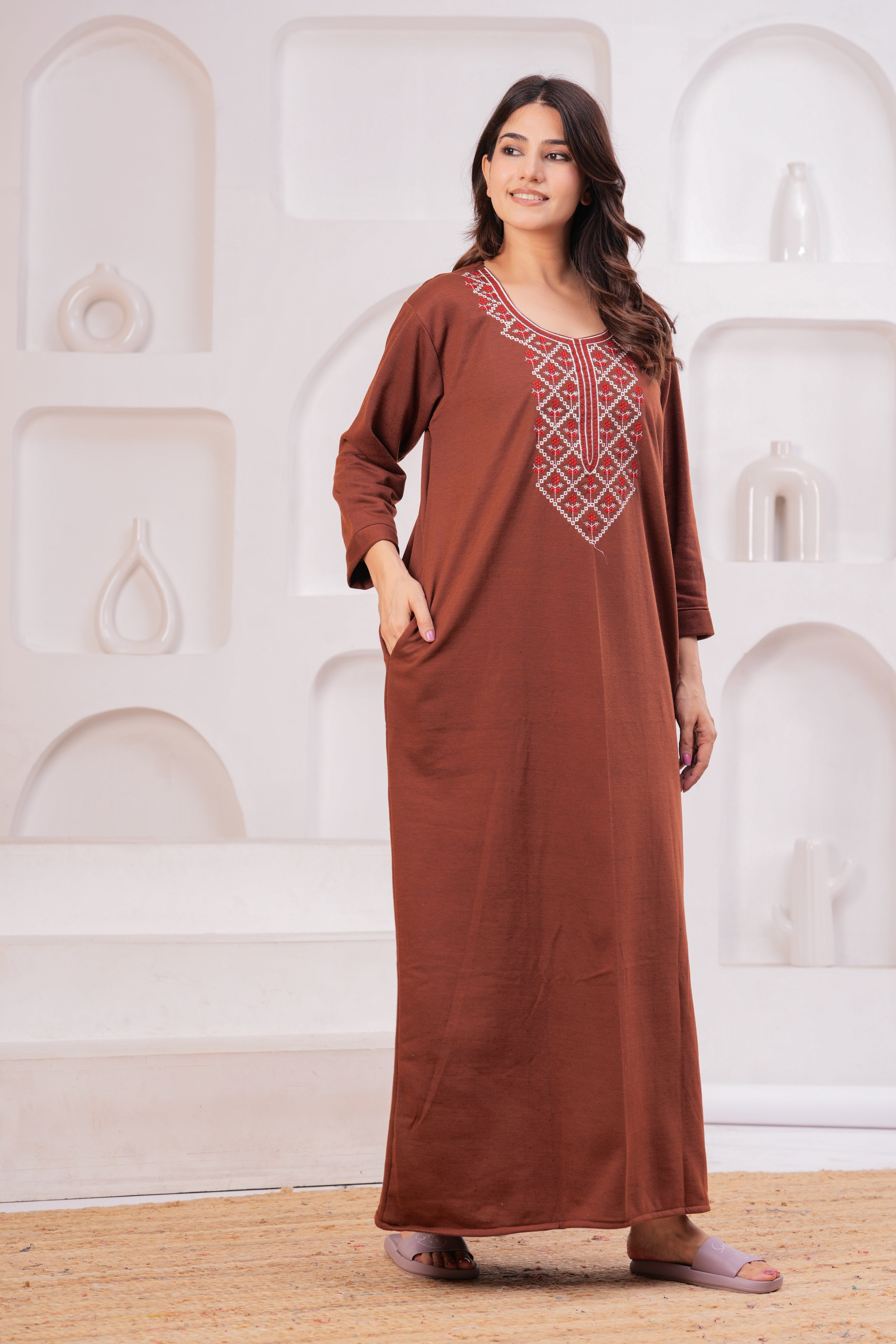 Women’s Winter Fleece Nightgown – Warm & Comfortable Long Nighty with Embroidered Neck | HARGUN Night Wear