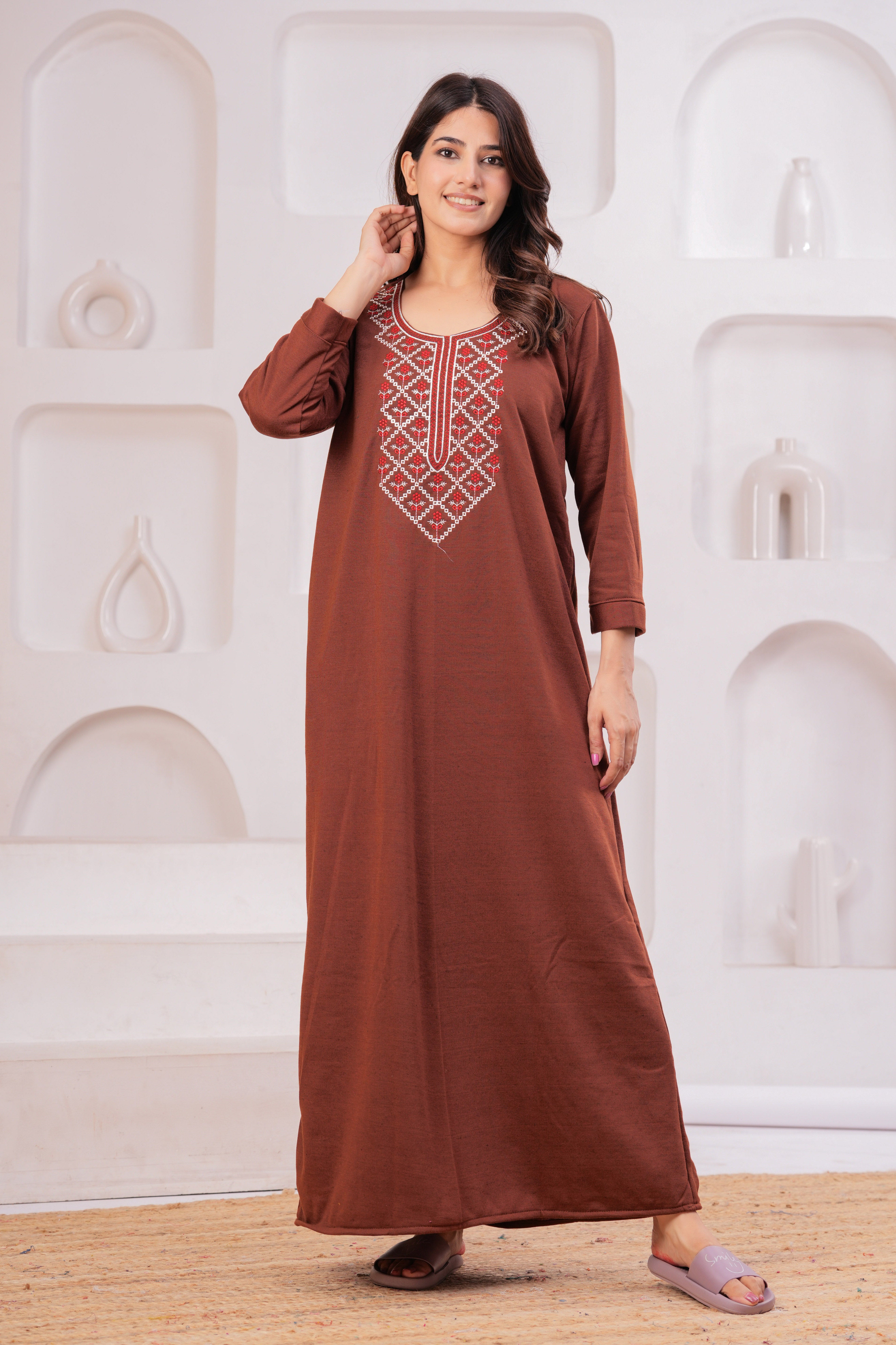 Women’s Winter Fleece Nightgown – Warm & Comfortable Long Nighty with Embroidered Neck | HARGUN Night Wear
