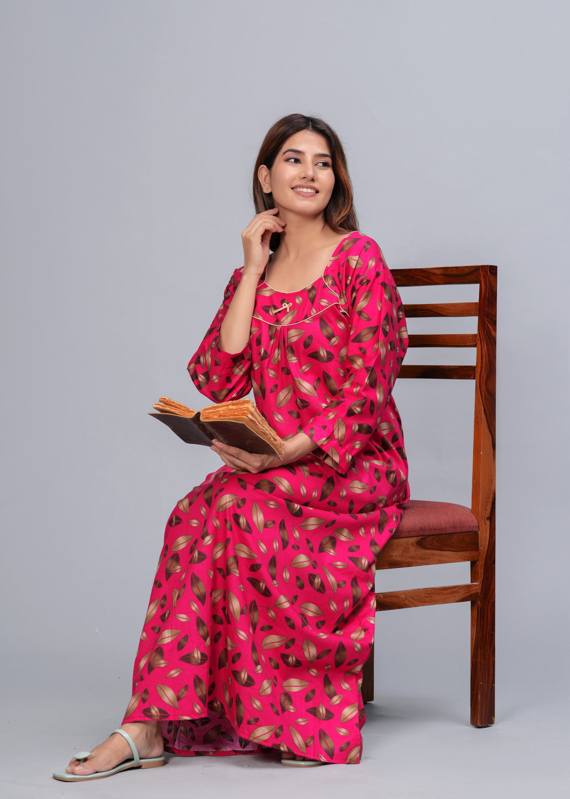 Full Sleeves Cotton Nightgown for Women (Raani Pink, XL)