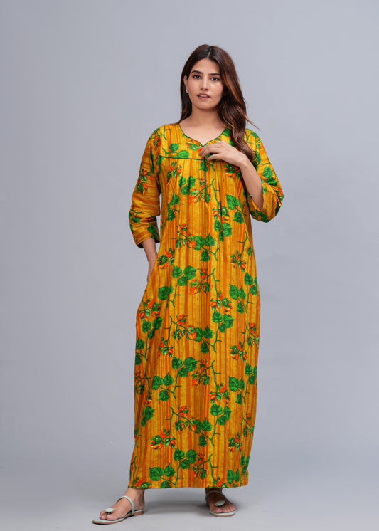 Full Sleeves Nighty Cotton Nightgown for Women(Yellow, Pack of 1)