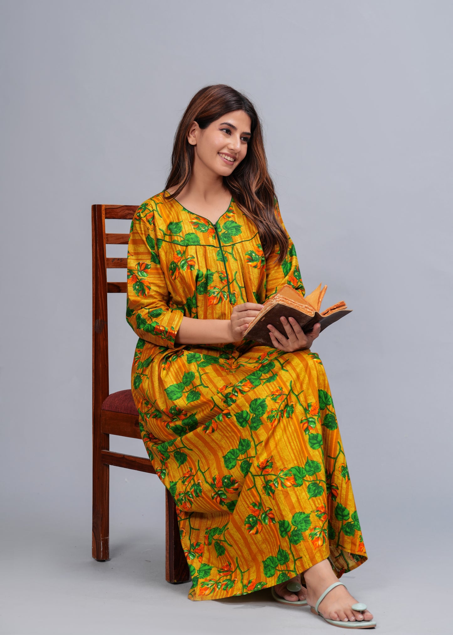 Full Sleeves Nighty Cotton Nightgown for Women(Yellow, Pack of 1)