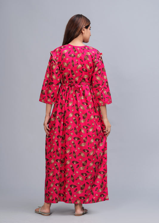 Women Cotton Full Sleeves Nightgown (Raani Pink, XL)