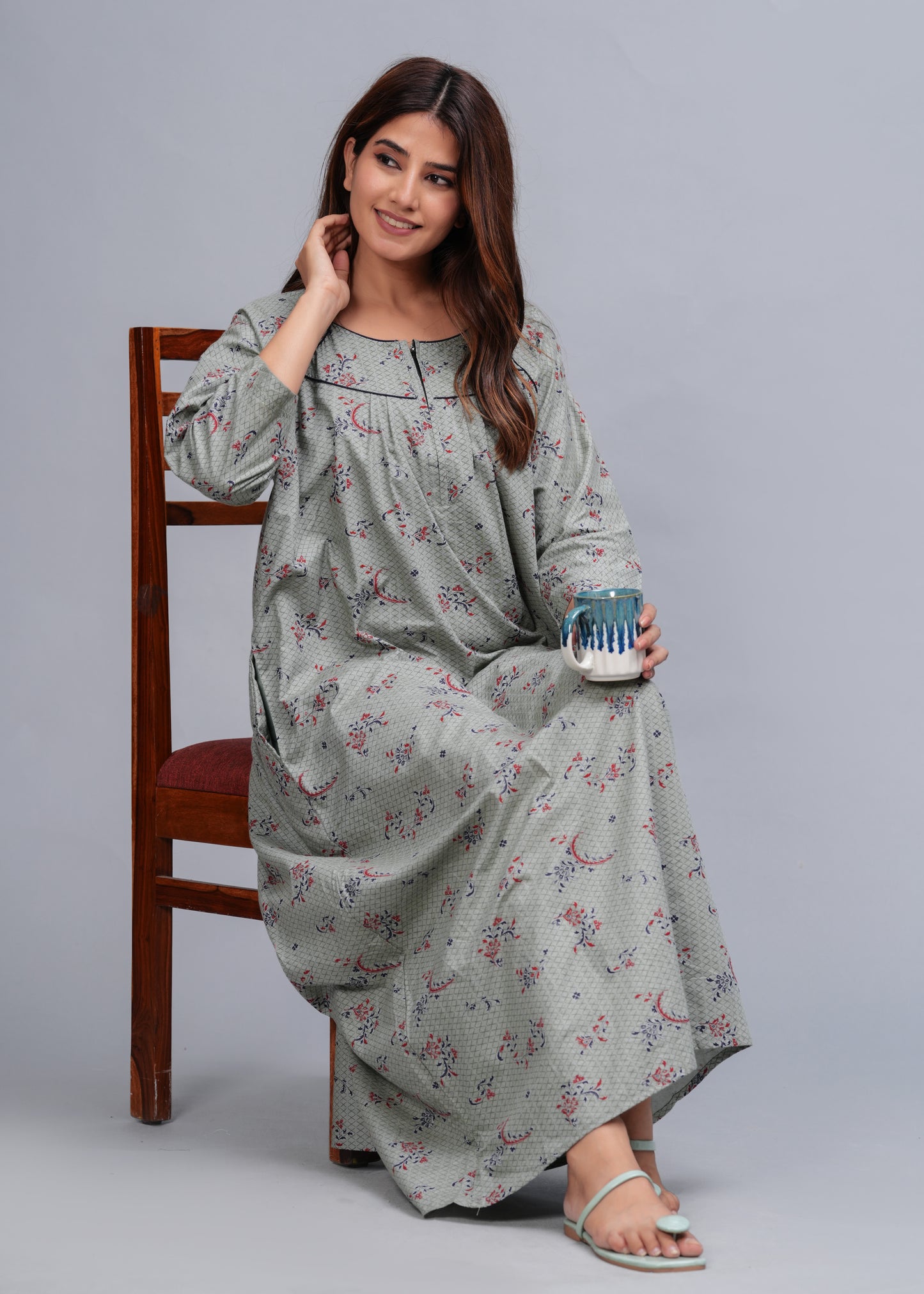 Cotton Full Sleeves Nightgown for Women (Cardamom Grey, XL)