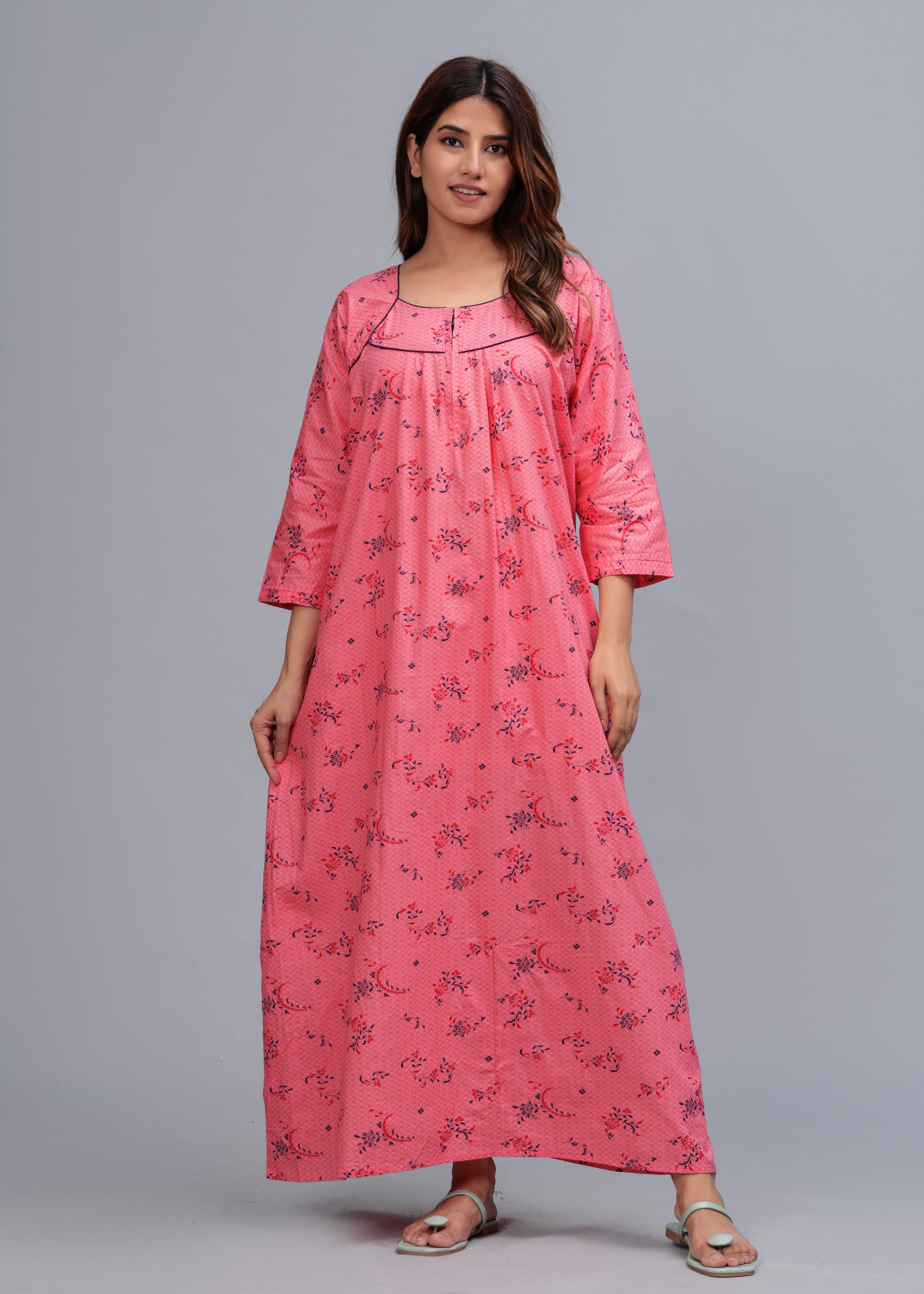Cotton Full Sleeves Nightgown for Women(Baby Pink, XL)