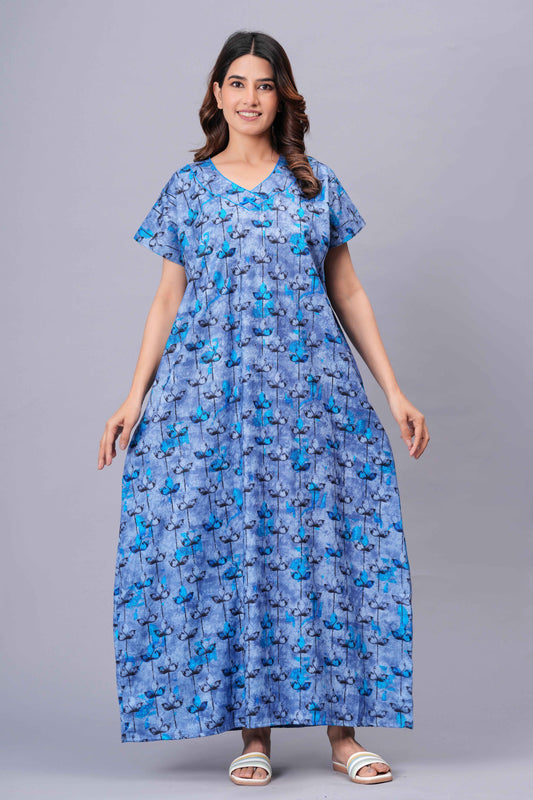 Women Cotton Floral Nightgown With Short Sleevess, Full Length And With Side Pockets (Free Size, Blue)
