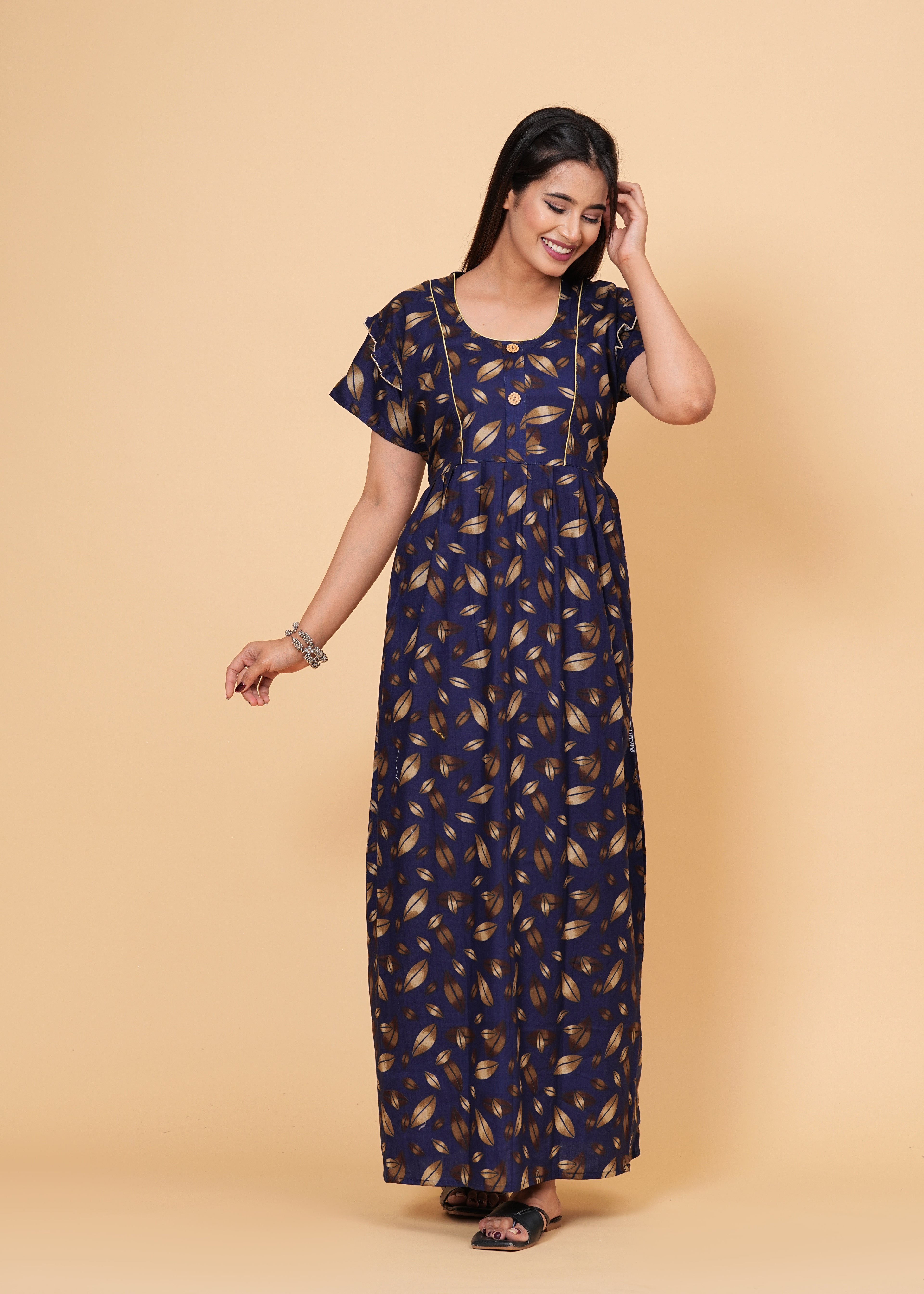 Women's Cotton Floral Print Maxi Nightgown (Navy Blue)