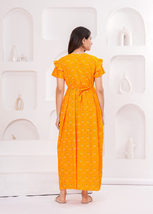 Frock Style Cotton Nightgown for Women (Yellow, XL)