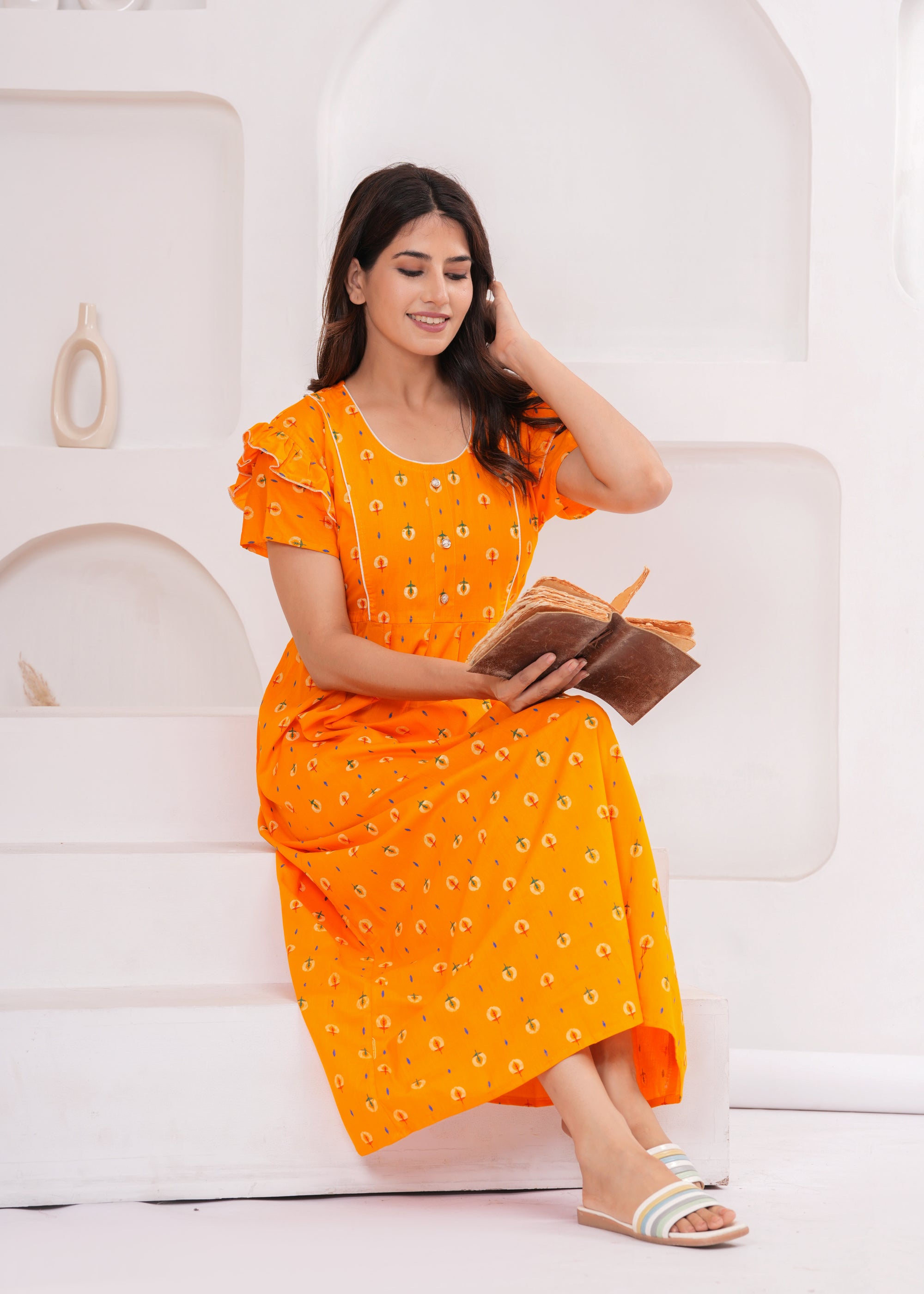 Frock Style Cotton Nightgown for Women (Yellow, XL)