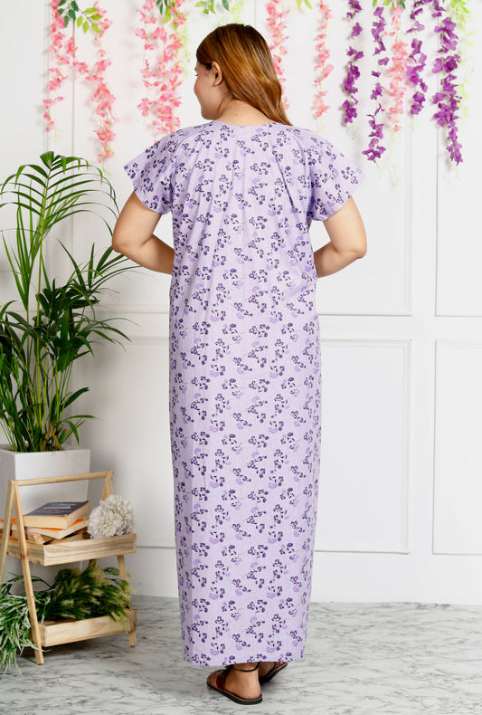 Women's Cotton Nightgown Maxi Embroidered Neck & Pocket (Lavender|)