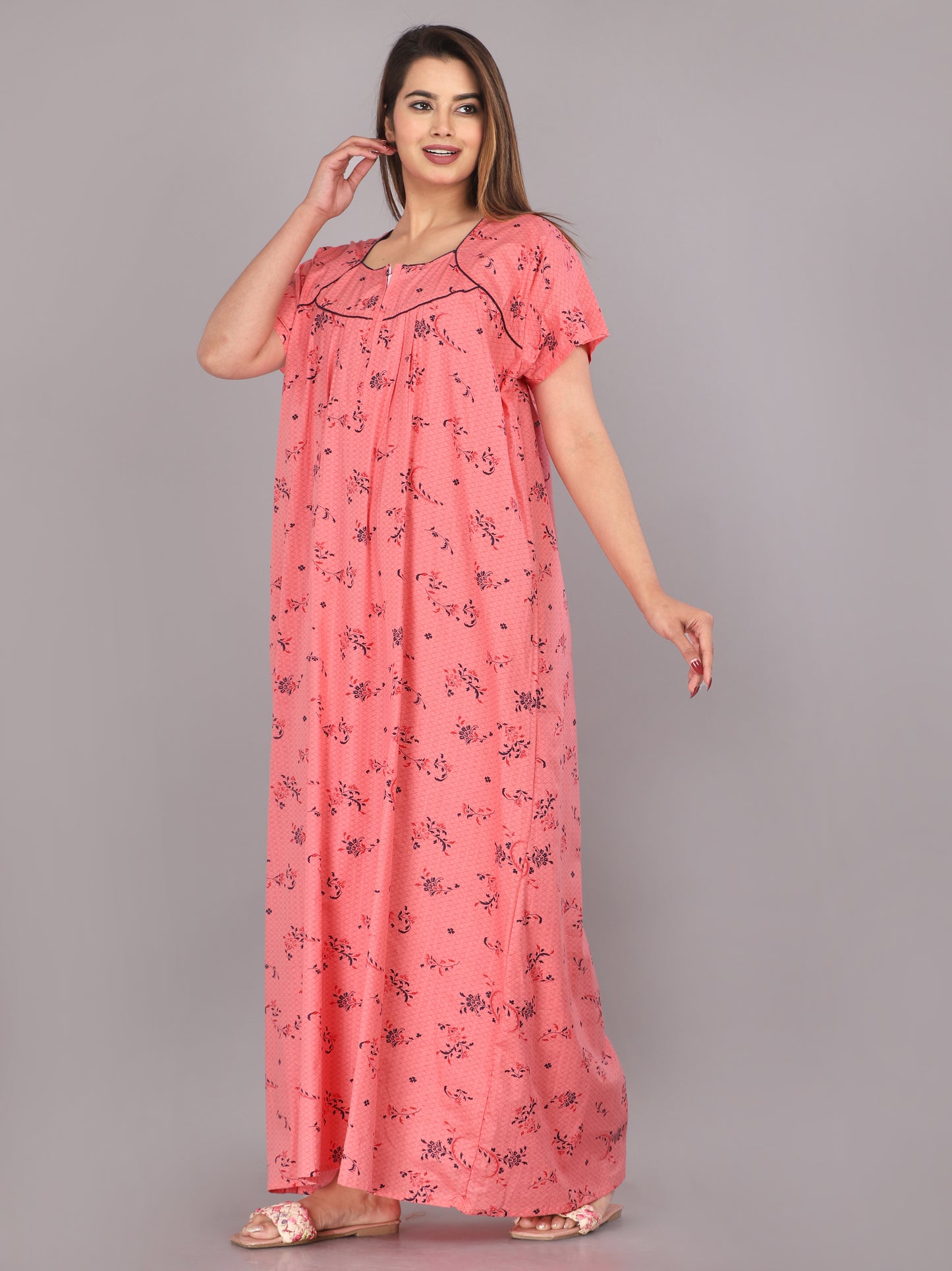 Cotton Floral Print Short Sleeve Nightgown with Side Pocket (Free Size, Pink)