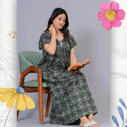 Women's Cotton Maxi Nighty, Geometric Print, Short Sleeve, Full Length Night Dress (Green, XL)