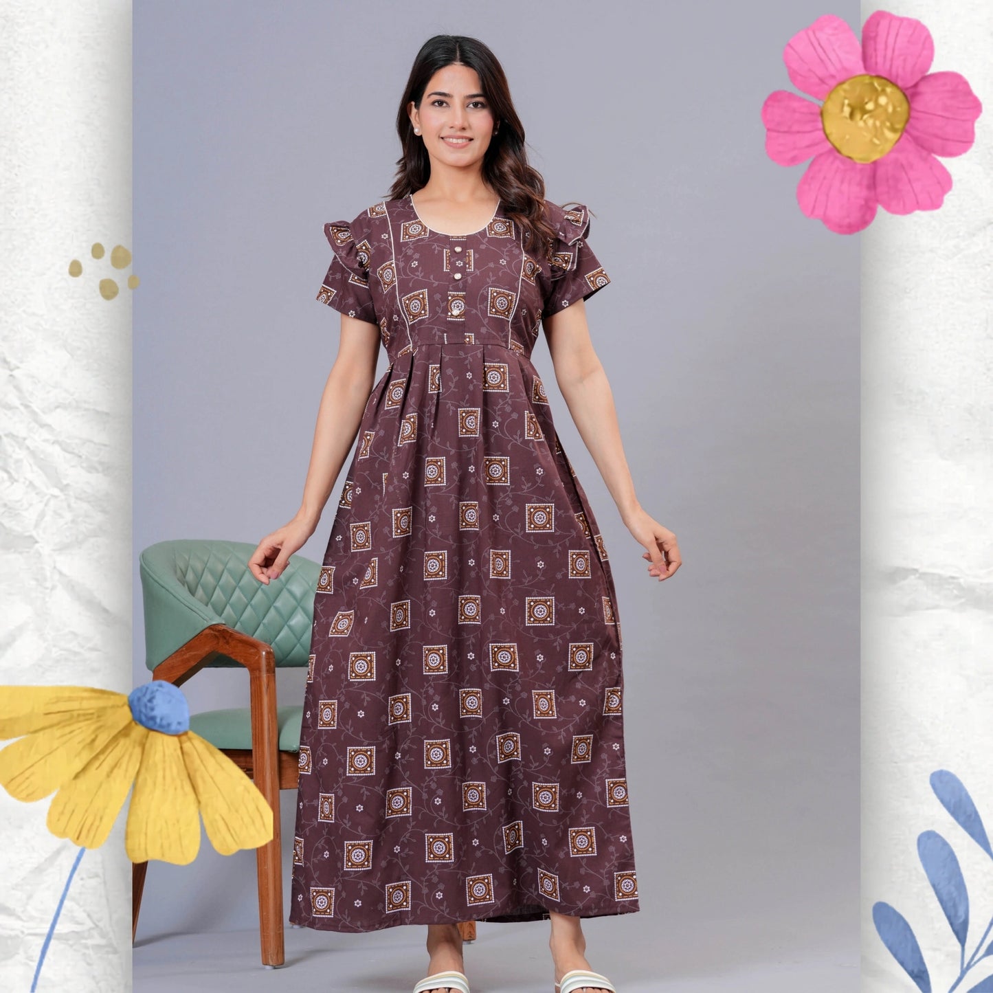 HARGUN NIGHT WEAR Women's Cotton Maxi Nighty, Printed, Ruffle Sleeves, Round Neck, All Day Comfort (Brown, XL)