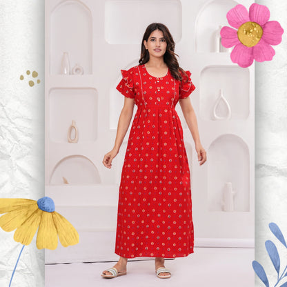 HARGUN NIGHT WEAR Frock Style Cotton Nightgown for Women | Pure Cotton Nighty/Maxi for Women | Pack of 1 (Red, XL)