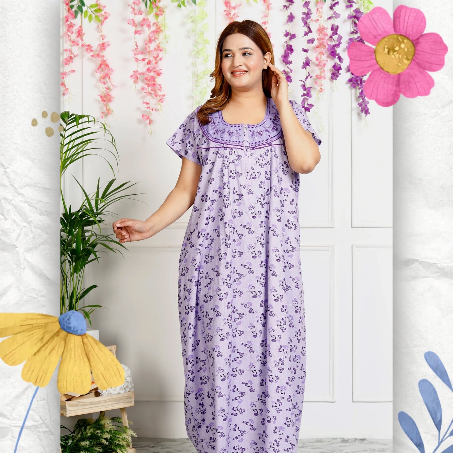 Women's Cotton Nightgown Maxi Embroidered Neck & Pocket (Lavender|)