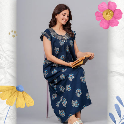 HARGUN NIGHT WEAR Cotton Nightgown for Women | Stylish Nighty Maxi Nightwear Floral Gown for Women Night Wear with Pocket (Navy Blue, XL)