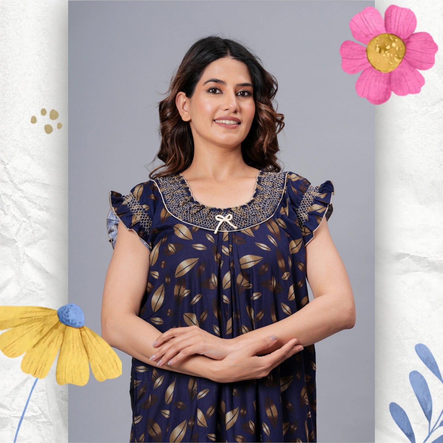 HARGUN Cotton Nightgown, Floral Print, Short Flutter Sleeves, Navy Blue and Gold, Full Length with Pockets (Combo, Free Size)