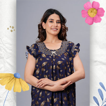 HARGUN Cotton Nightgown, Floral Print, Short Flutter Sleeves, Navy Blue and Gold, Full Length with Pockets (Combo, Free Size)