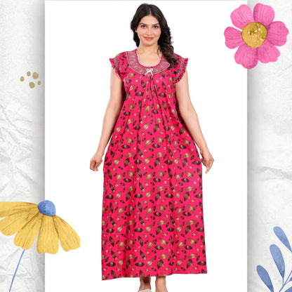 HARGUN NIGHT WEAR Women's Elegant Cotton Nightgown with Pocket & Embroidered Neck Design (Raani Pink, Free Size)