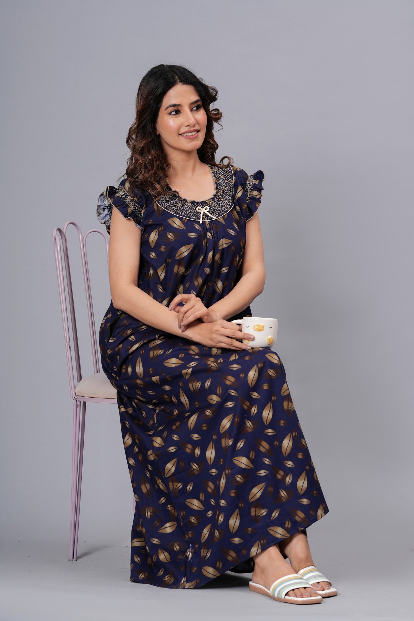 HARGUN Cotton Nightgown, Floral Print, Short Flutter Sleeves, Navy Blue and Gold, Full Length with Pockets (Combo, Free Size)