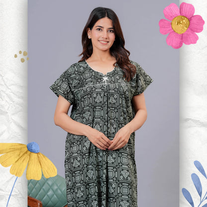 Women's Cotton Maxi Nighty, Geometric Print, Short Sleeve, Full Length Night Dress (Green, XL)