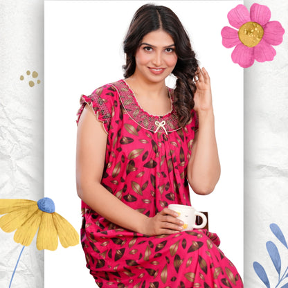 HARGUN NIGHT WEAR Women's Elegant Cotton Nightgown with Pocket & Embroidered Neck Design (Raani Pink, Free Size)
