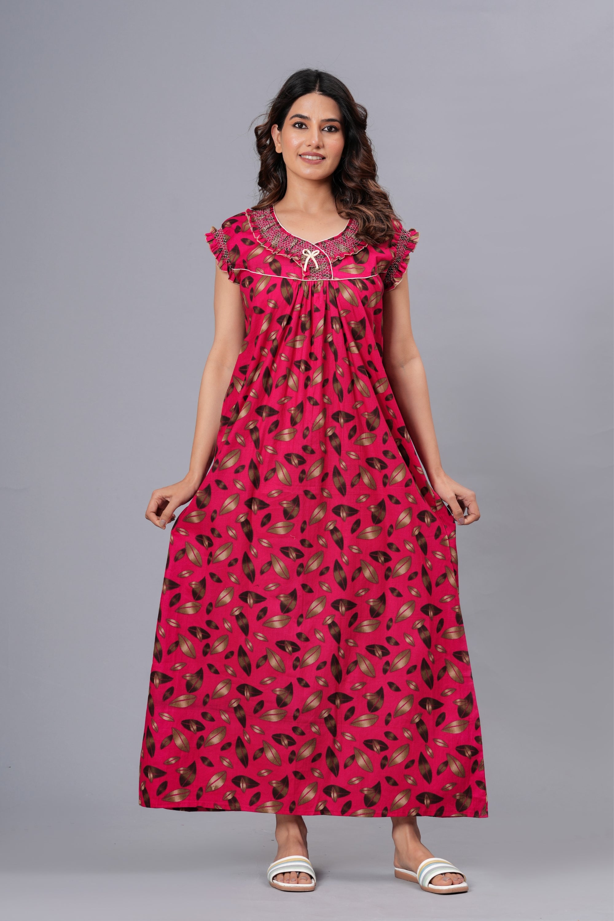 HARGUN Cotton Nightgown, Floral Print, Short Flutter Sleeves, Navy Blue and Gold, Full Length with Pockets (Combo, Free Size)