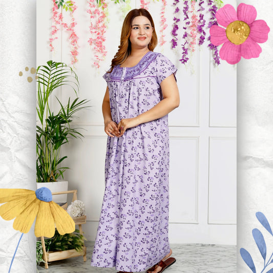 Women's Cotton Nightgown Maxi Embroidered Neck & Pocket (Lavender|)
