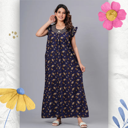 HARGUN Cotton Nightgown, Floral Print, Short Flutter Sleeves, Navy Blue and Gold, Full Length with Pockets (Combo, Free Size)