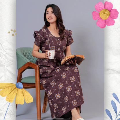 HARGUN NIGHT WEAR Women's Cotton Maxi Nighty, Printed, Ruffle Sleeves, Round Neck, All Day Comfort (Brown, XL)