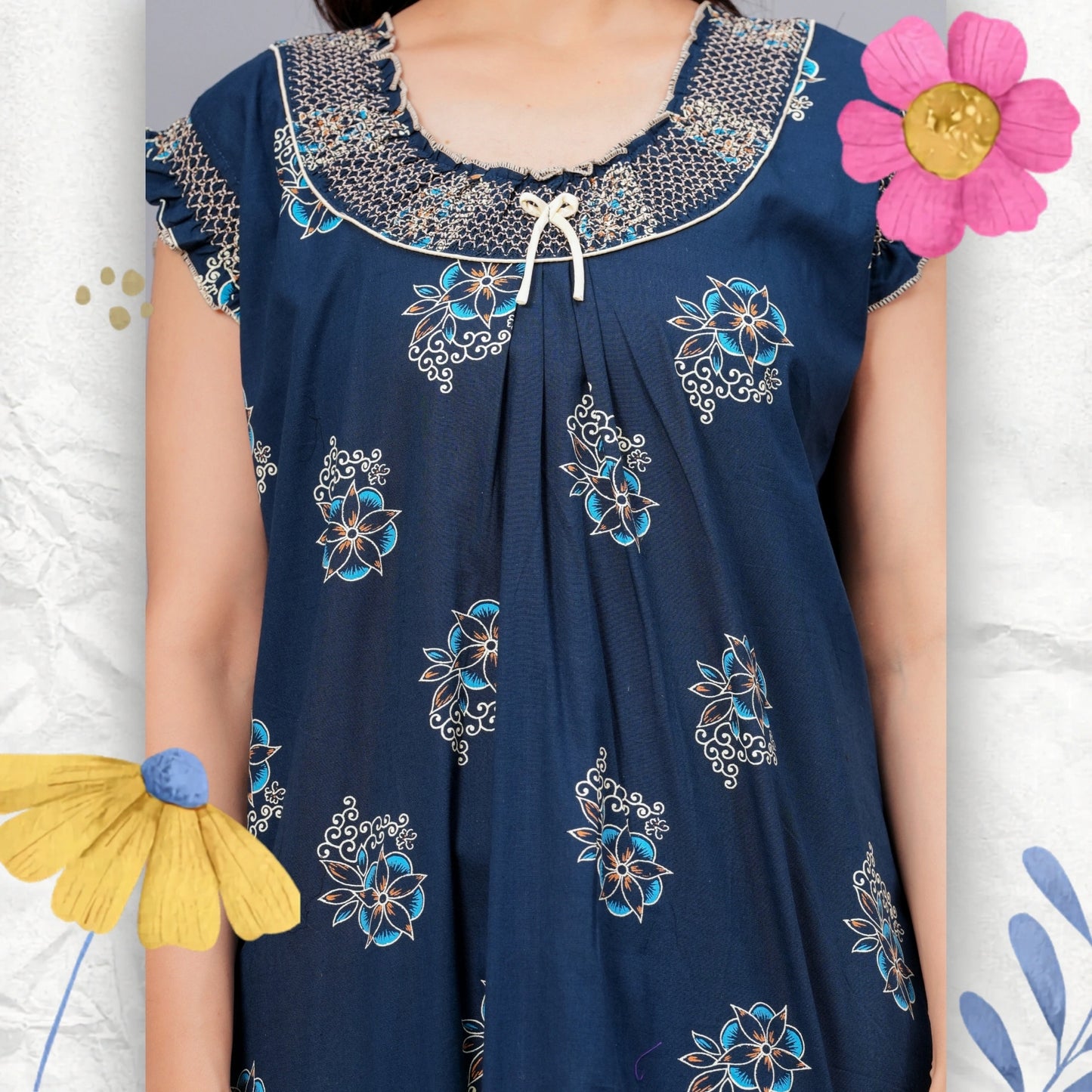 HARGUN NIGHT WEAR Cotton Nightgown for Women | Stylish Nighty Maxi Nightwear Floral Gown for Women Night Wear with Pocket (Navy Blue, XL)