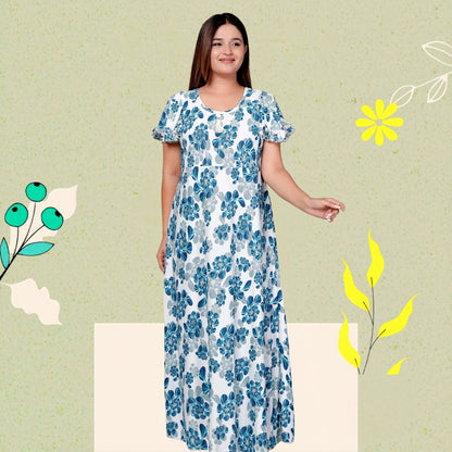 Premium Sarina Frock Style Nightgown for Women – Blue Floral Print, Full Length, Soft & Stylish Sleepwear