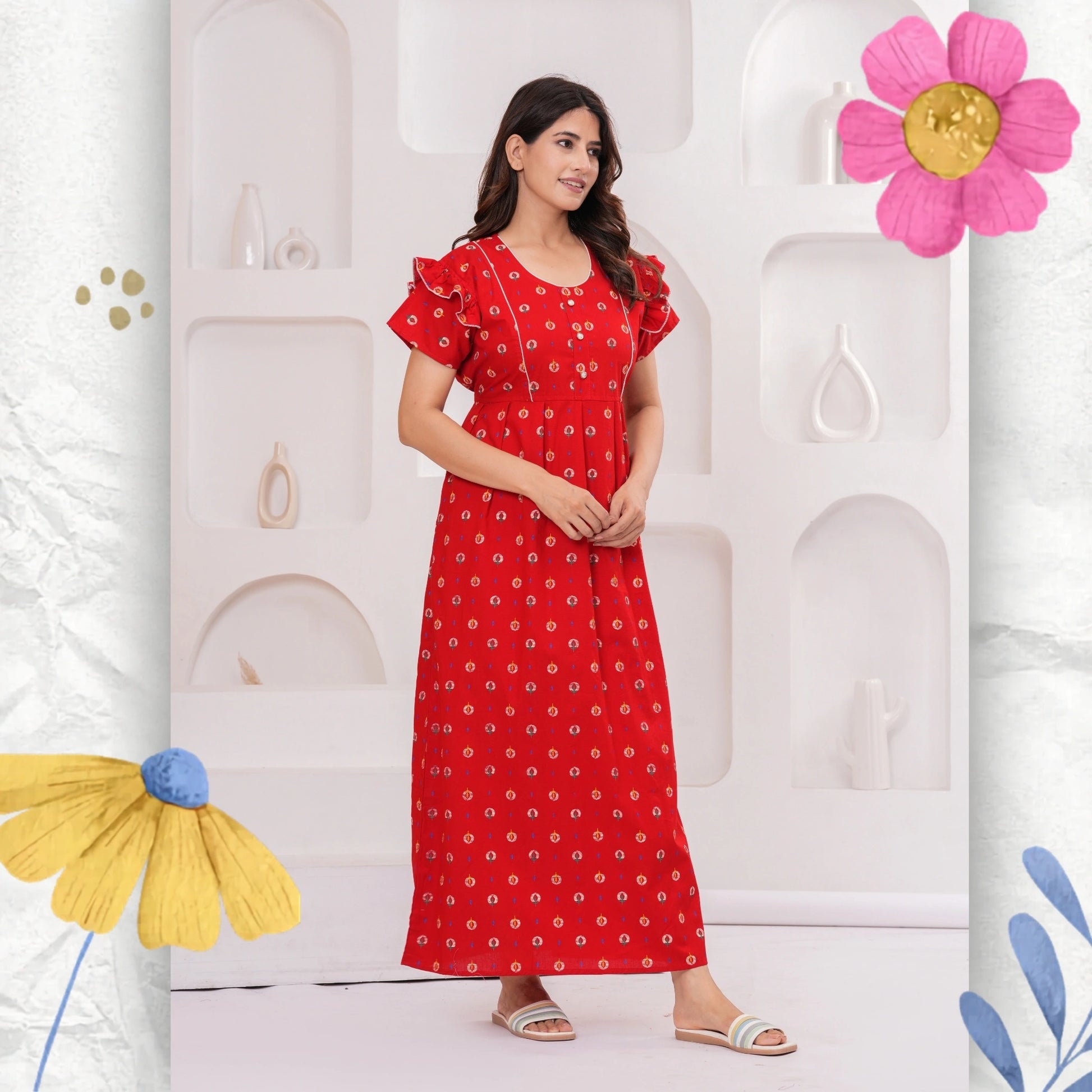 white christmas dresses HARGUN NIGHT WEAR Frock Style Cotton Nightgown for Women | Pure Cotton  Nighty/Maxi for Women | Pack of 1 (Red, XL)