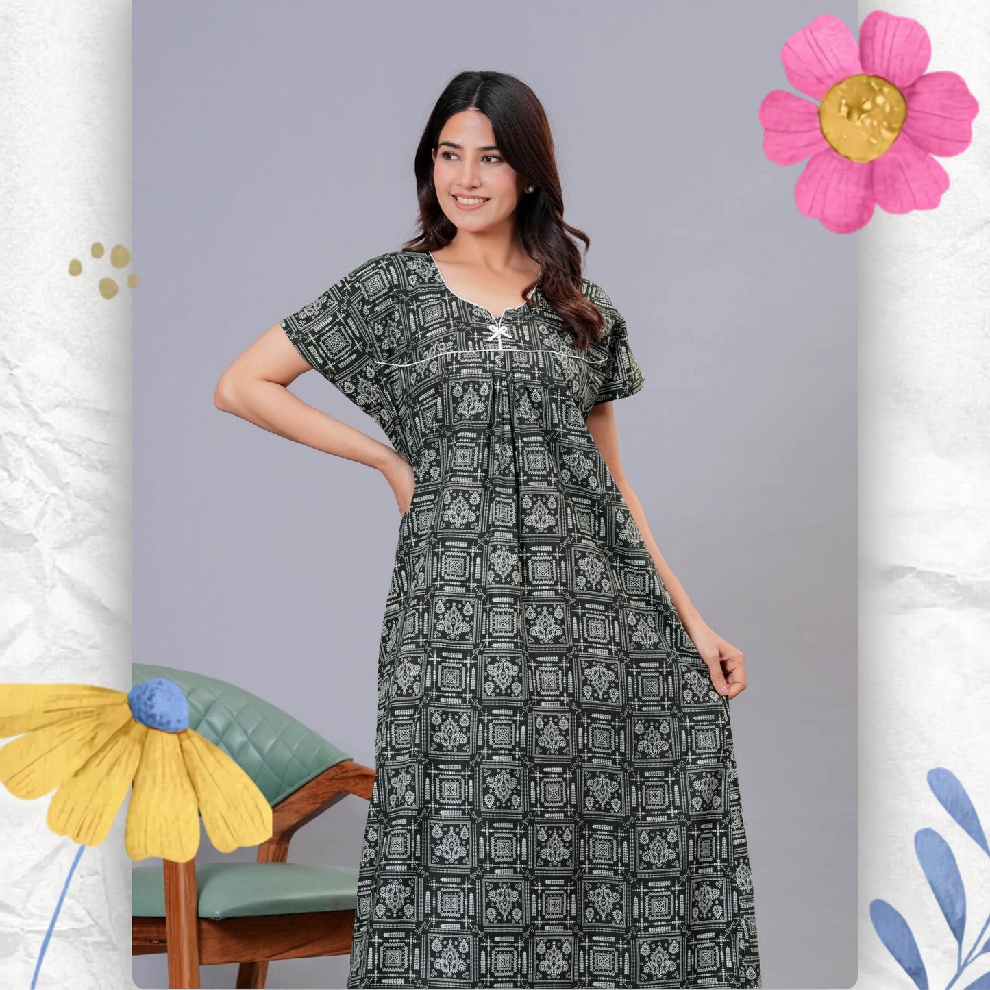 Women's Cotton Maxi Nighty, Geometric Print, Short Sleeve, Full Length Night Dress (Green, XL)