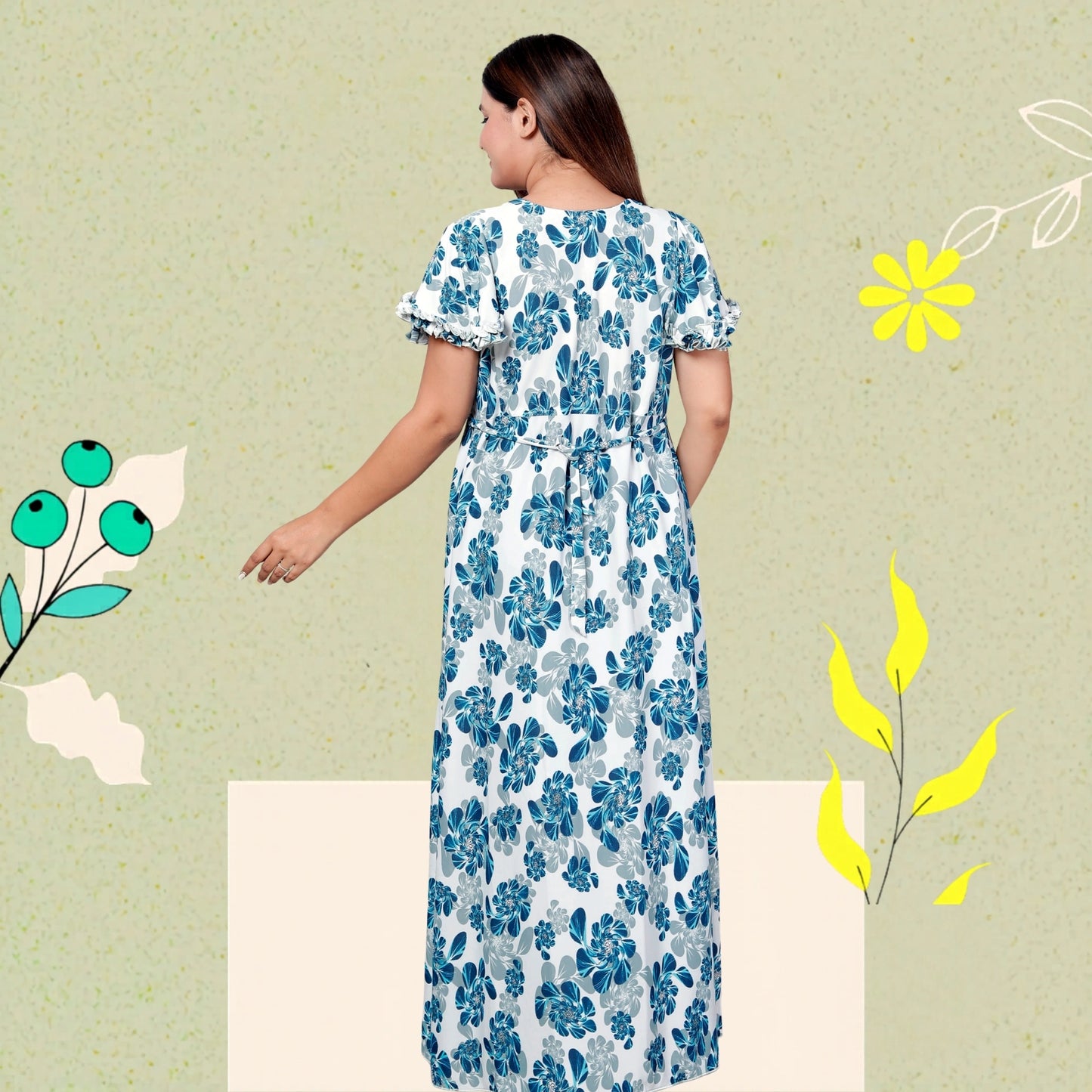 Premium Sarina Frock Style Nightgown for Women – Blue Floral Print, Full Length, Soft & Stylish Sleepwear