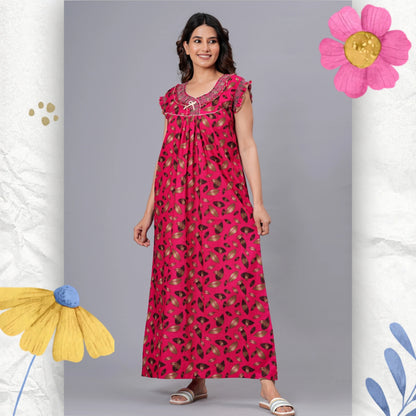 HARGUN Cotton Nightgown, Floral Print, Short Flutter Sleeves, Navy Blue and Gold, Full Length with Pockets (Combo, Free Size)