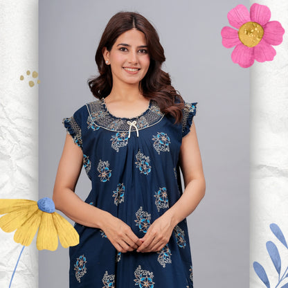 HARGUN NIGHT WEAR Cotton Nightgown for Women | Stylish Nighty Maxi Nightwear Floral Gown for Women Night Wear with Pocket (Navy Blue, XL)